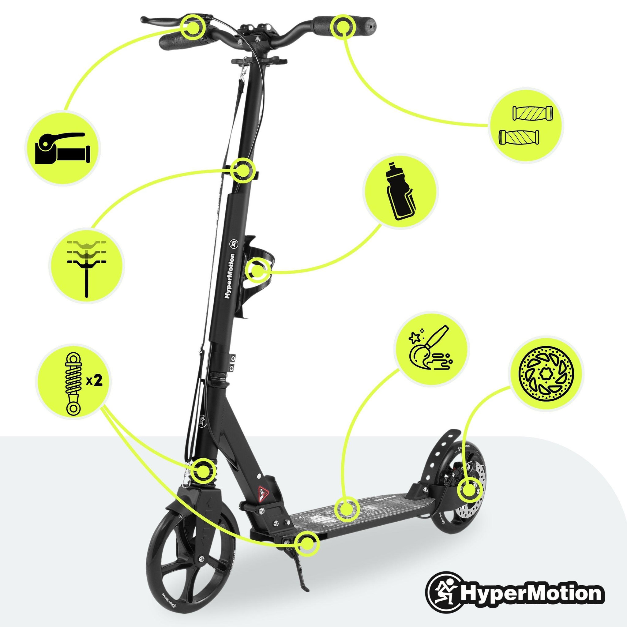 Voir la diapositive 2 : MAMABRUM Trottinette Enfant Noire jusqu'à 100kg - 2 amortisseurs - Pliable - 2 Freins- Aluminium- ABEC-7