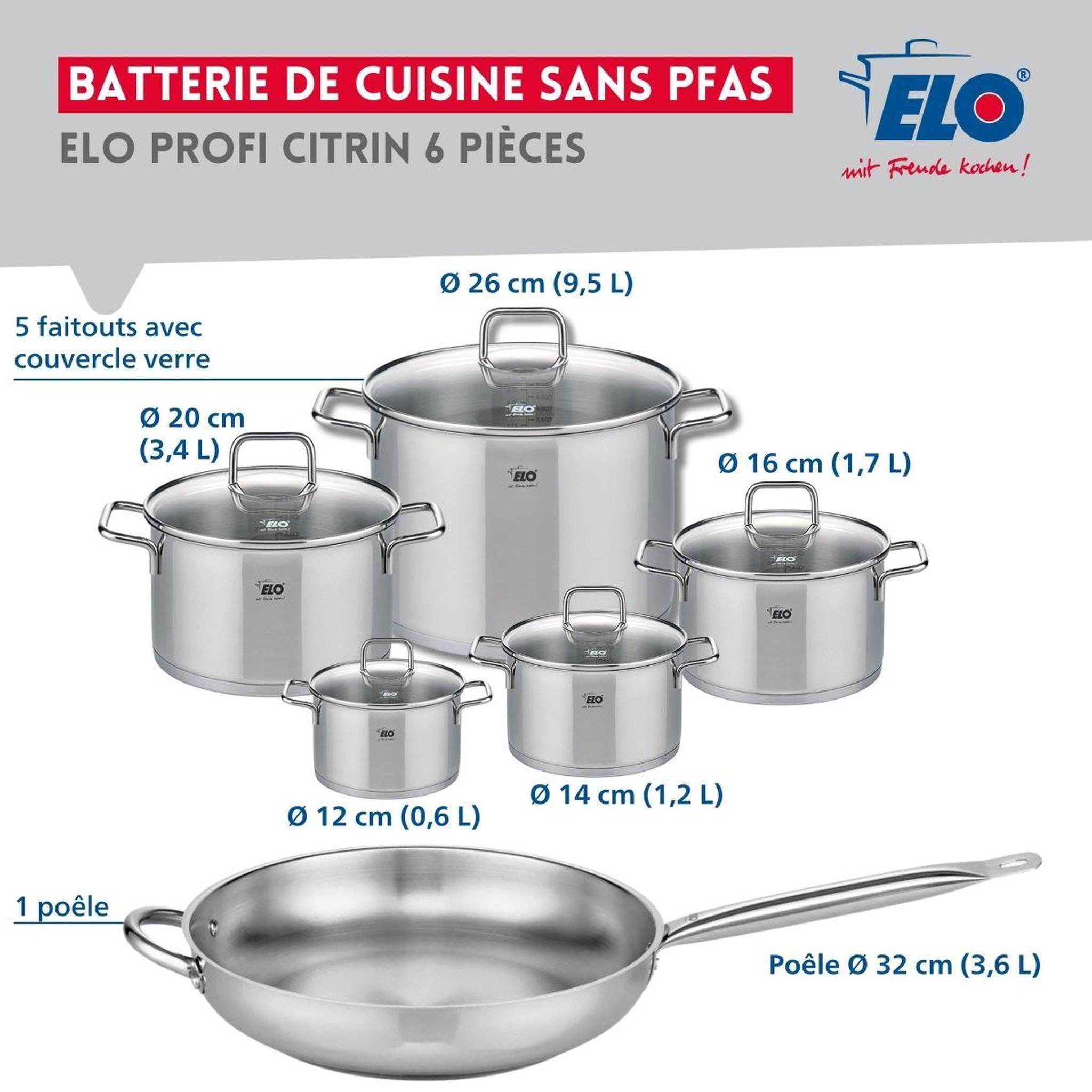 Voir la diapositive 2 : ELO Set de 1 poêle de cuisson 32 cm et 5 faitouts 12, 14, 16, 20 et 26 cm elo profi citrin