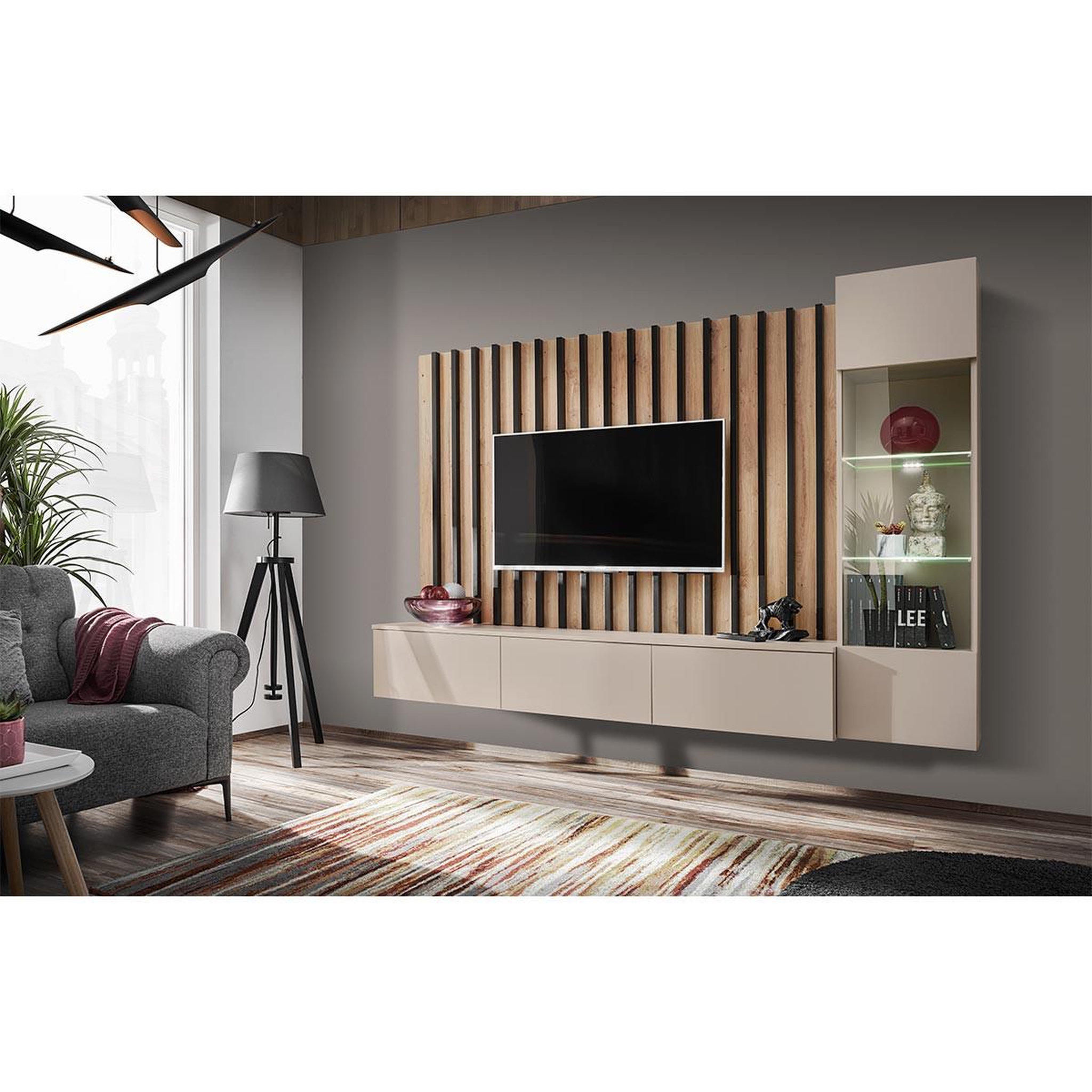 Voir la diapositive 2 : Paris Prix Ensemble meuble tv à lattes  verti  220cm beige