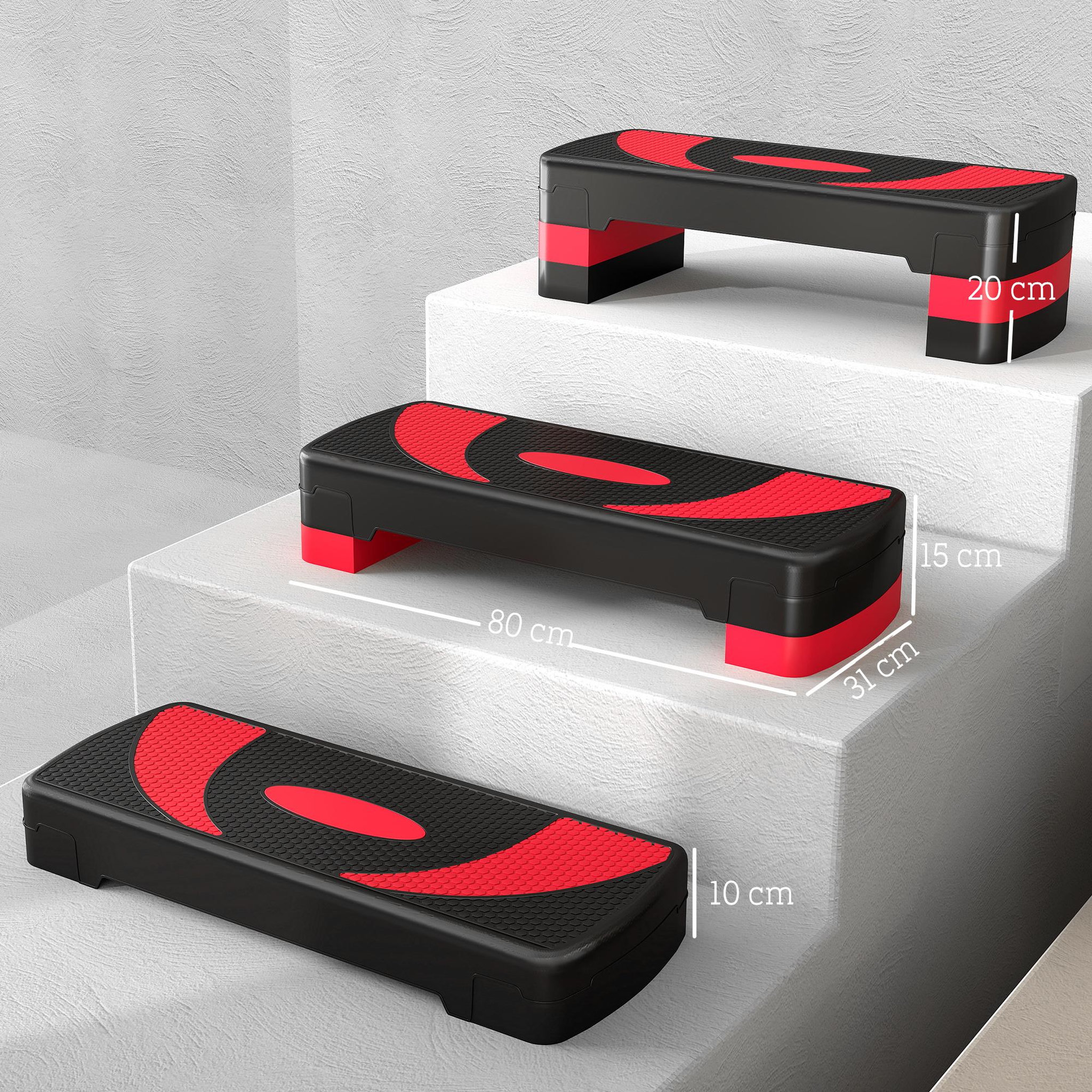 Voir la diapositive 3 : HOMCOM Stepper fitness aérobic hauteur réglable surface antidérapante 80 x 31 x 20 cm noir rouge