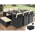 BEST MOBILIER Fira - salon de jardin encastrable 10 places - en résine tressée - noir avec coussins beiges + housse de protection. Coloris disponibles : Bicolore