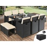 BEST MOBILIER Fira - salon de jardin encastrable 10 places - en résine tressée - noir avec coussins beiges + housse de protection. Coloris disponibles : Bicolore