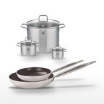 ELO Lot de 2 Poêles 24/28 cm avec revêtement céramique sans PFAS et 3 Faitouts 12/16/26 cm Elo Bistro Line Citrin