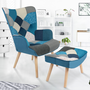 Voir la diapositive 2 : ID MARKET Fauteuil scandinave IVAR avec repose pieds en tissu patchwork et velours bleu