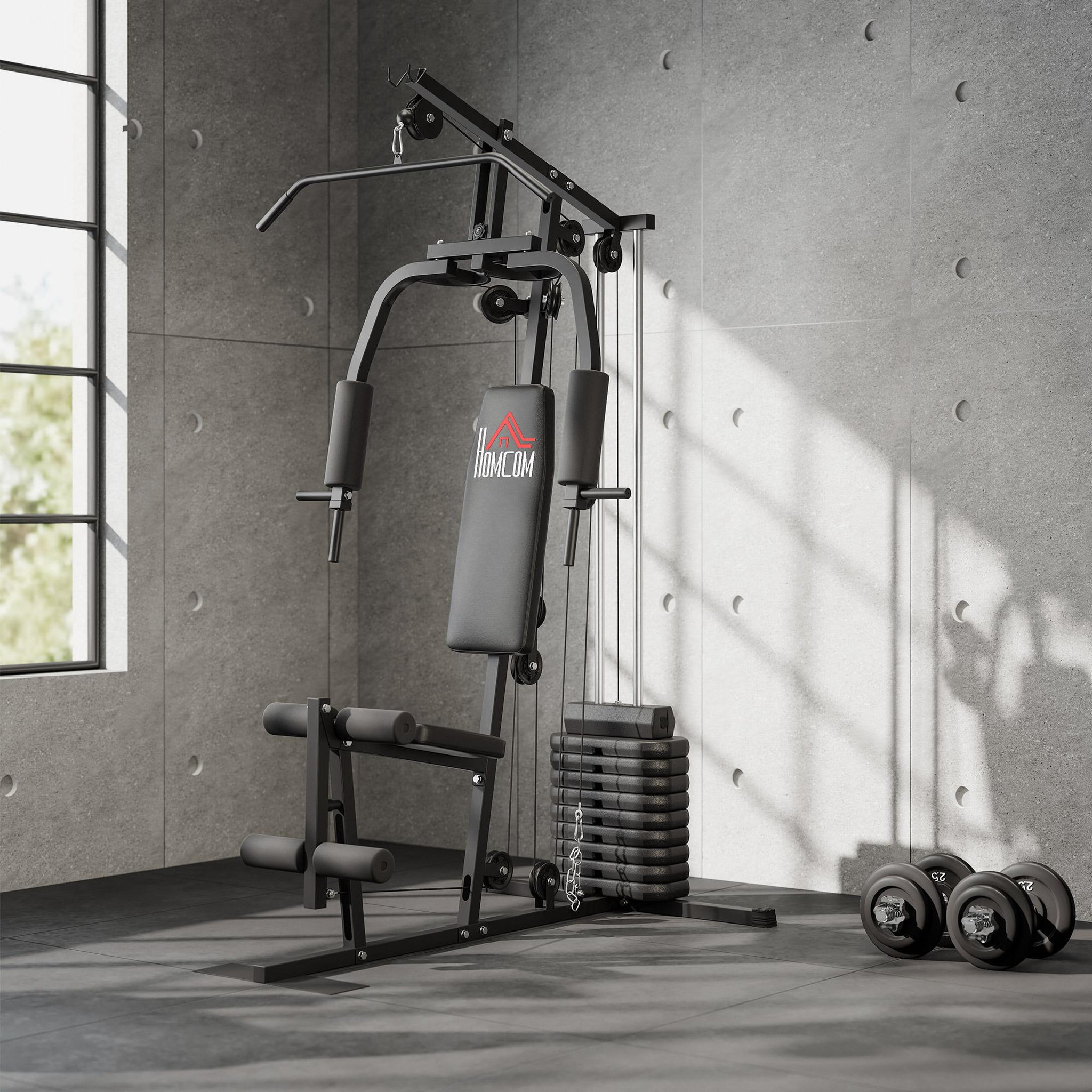 Voir la diapositive 4 : HOMCOM Station de musculation - entrainement complet - développé couché, butterfly, barre latissimus, curler - 9 contrepoids - acier noir