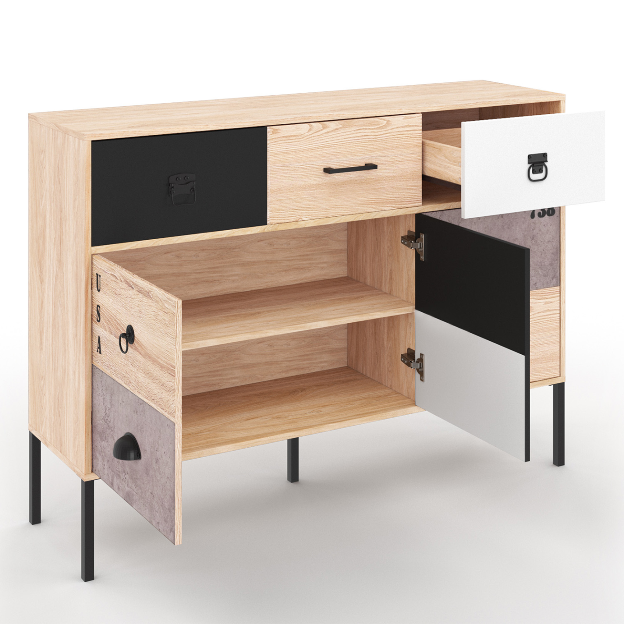 Voir la diapositive 4 : ID MARKET Buffet 3 portes 3 tiroirs 110 cm SACRAMENTO design industriel