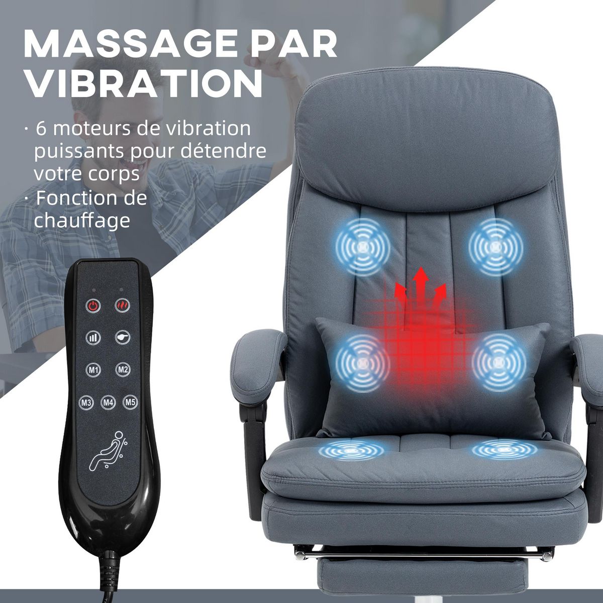 VINSETTO Fauteuil de bureau direction massant chauffant inclinable réglable repose-pied intégré tissu technique bleu