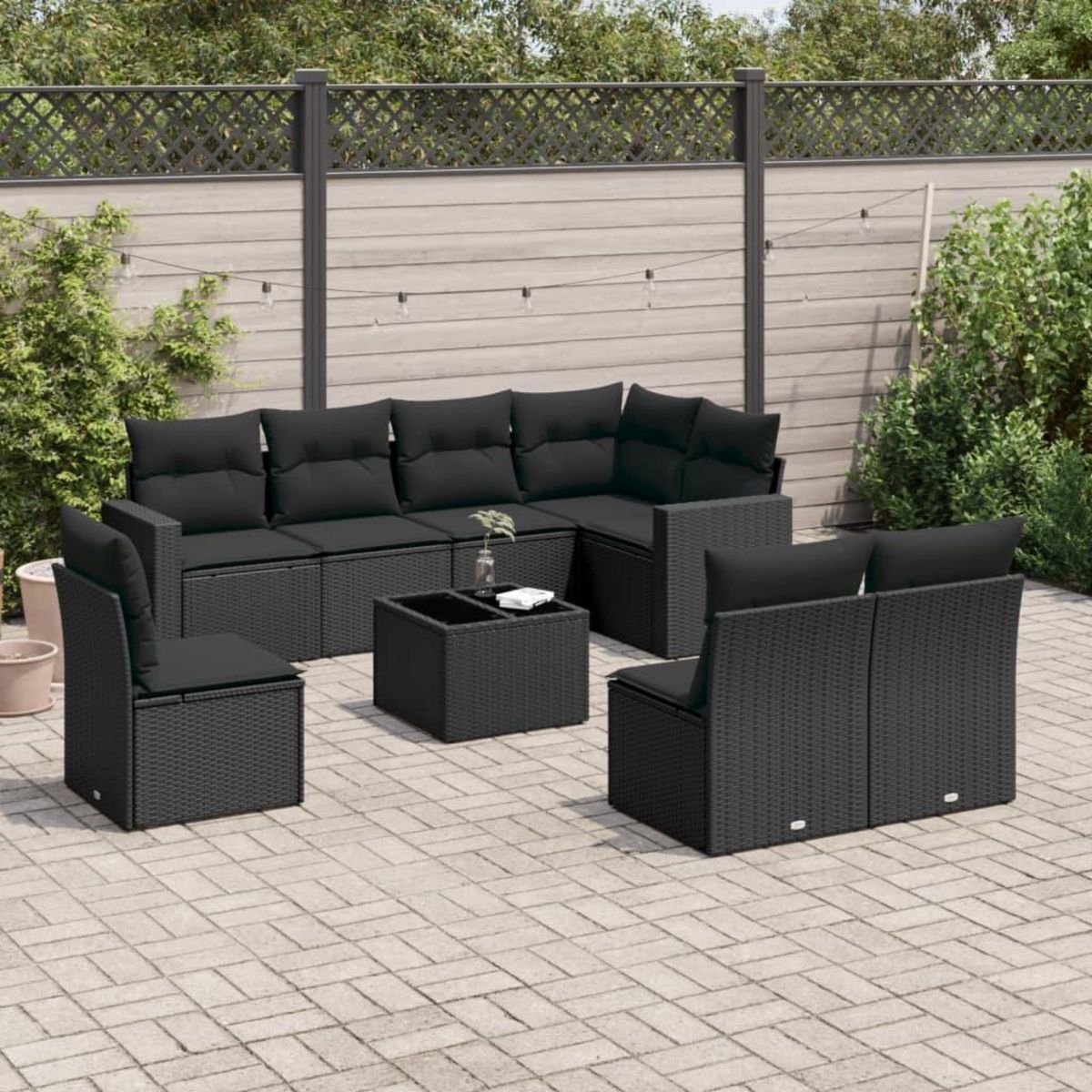 VIDAXL Salon de jardin 9 pcs avec coussins noir resine tressee