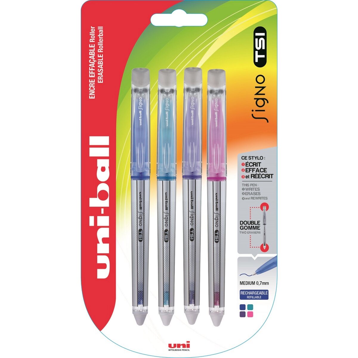 UNI BALL Lot de 4 stylos effaçables Signo TSI - Couleurs Fun