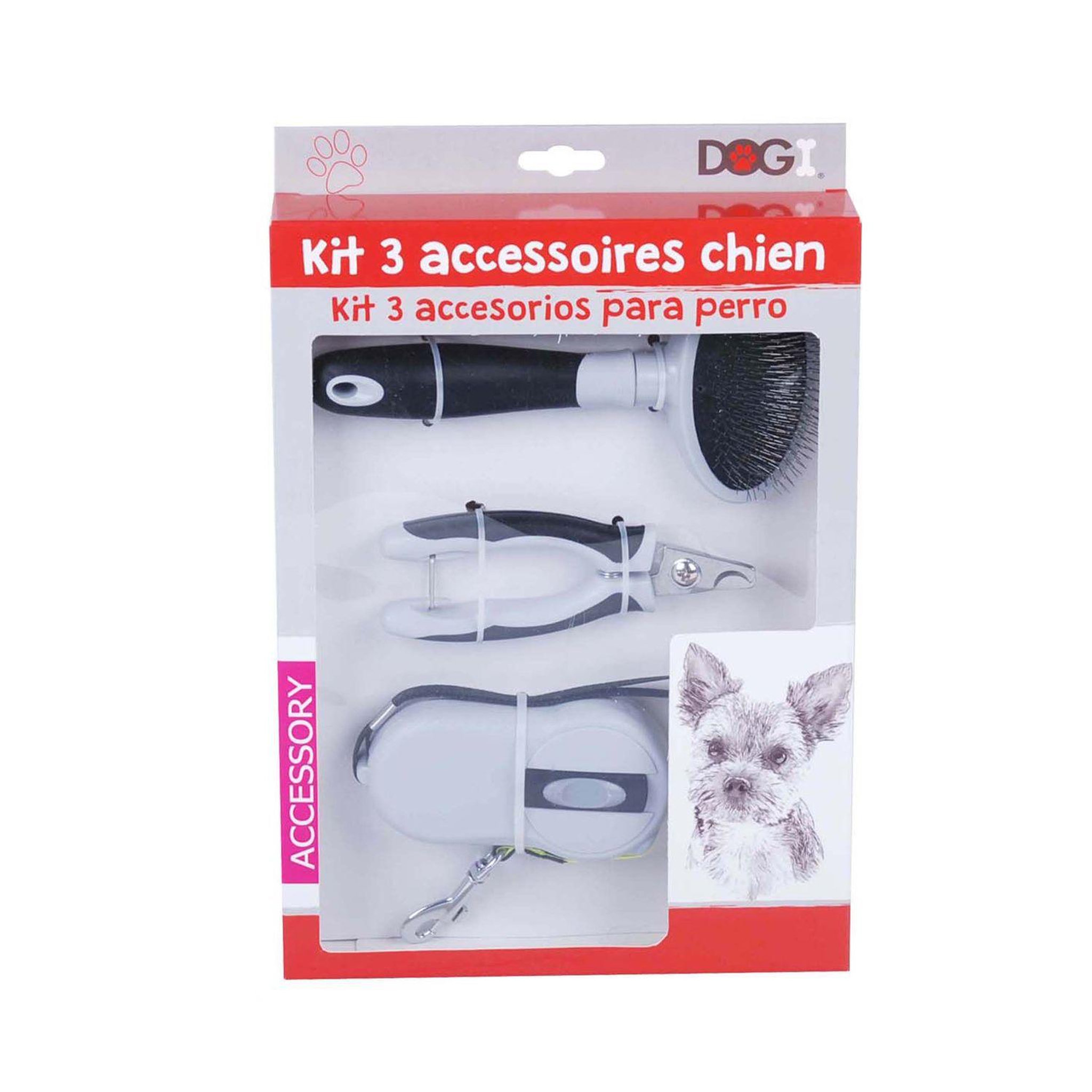 Voir la diapositive 2 : DIVERS Accessoires de toilettage pour chien - brosse, coupe-ongle et laisse