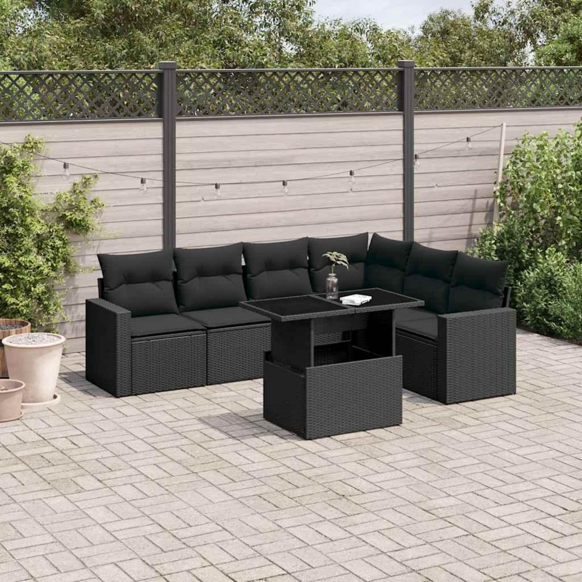 VIDAXL Salon de jardin 7 pcs avec coussins noir resine tressee