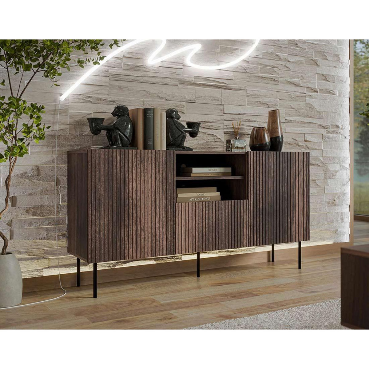 BEST MOBILIER Franco - buffet bas - effet bois - 2 portes, 2 niches et 1 tiroirs - 150 cm