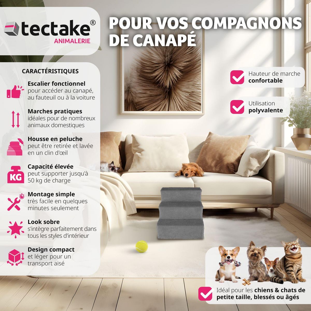 tectake Escalier pour animaux domestiques 37 x 45 x 34,5 cm gris