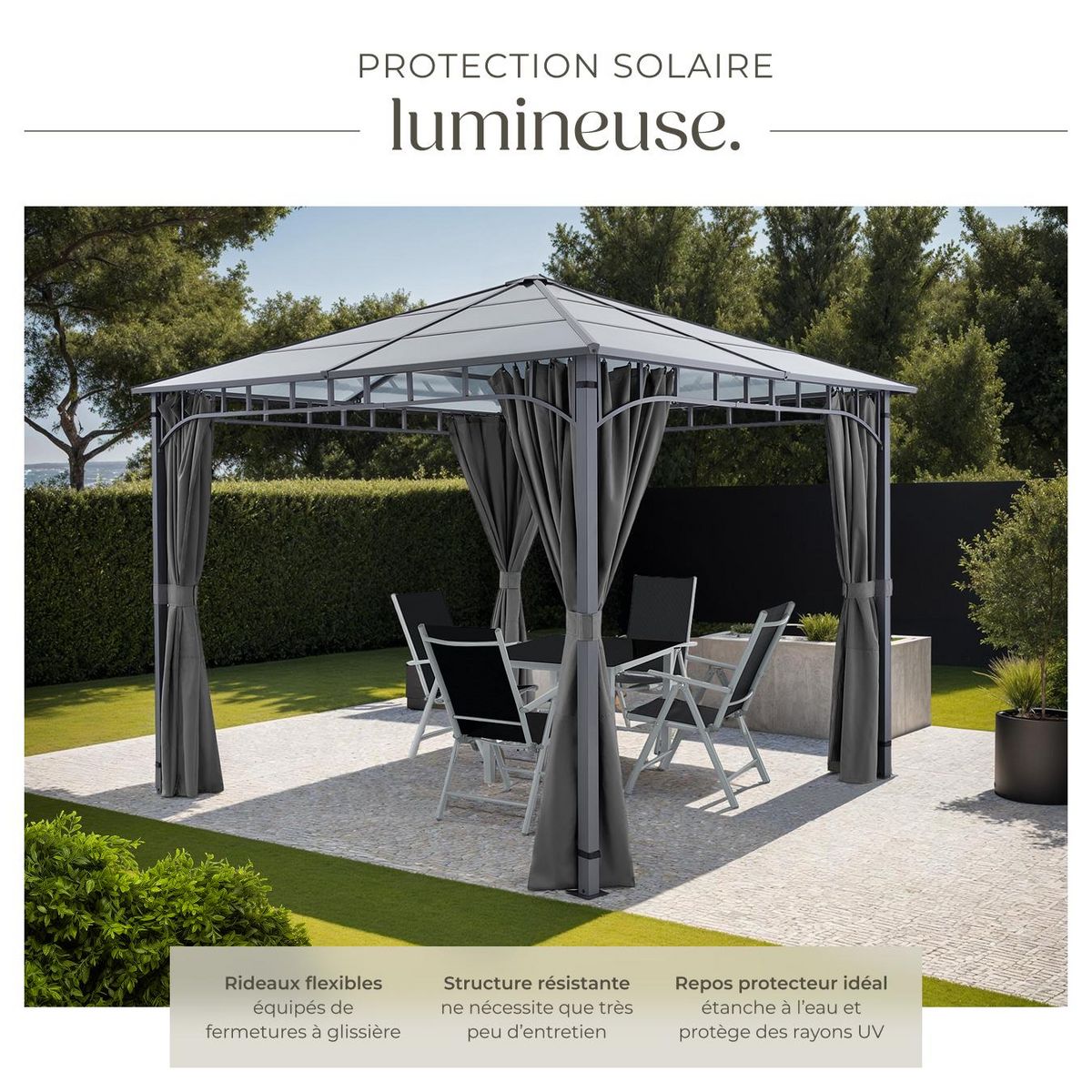 tectake Pavillon de jardin avec cadre en aluminium laqué époxy gris 3 x 3 m