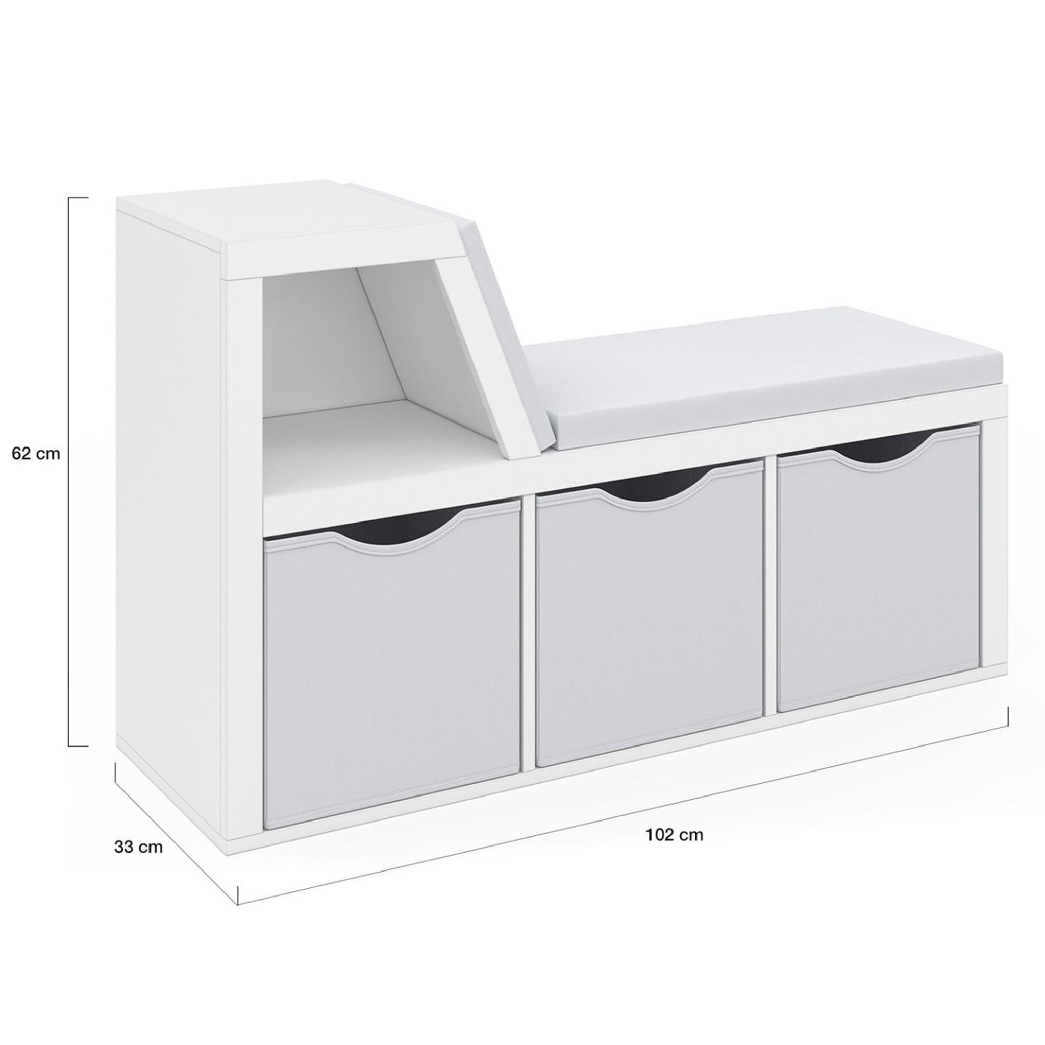 Voir la diapositive 4 : ID MARKET Bibliothèque banc oscar 4 cases avec coussins gris et bacs tissus 102 cm blanc