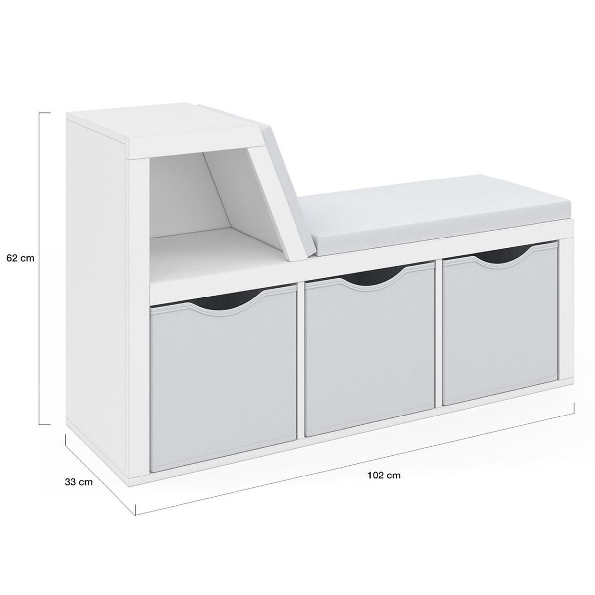 ID MARKET Bibliothèque banc OSCAR 4 cases avec coussins gris et bacs tissus 102 cm blanc