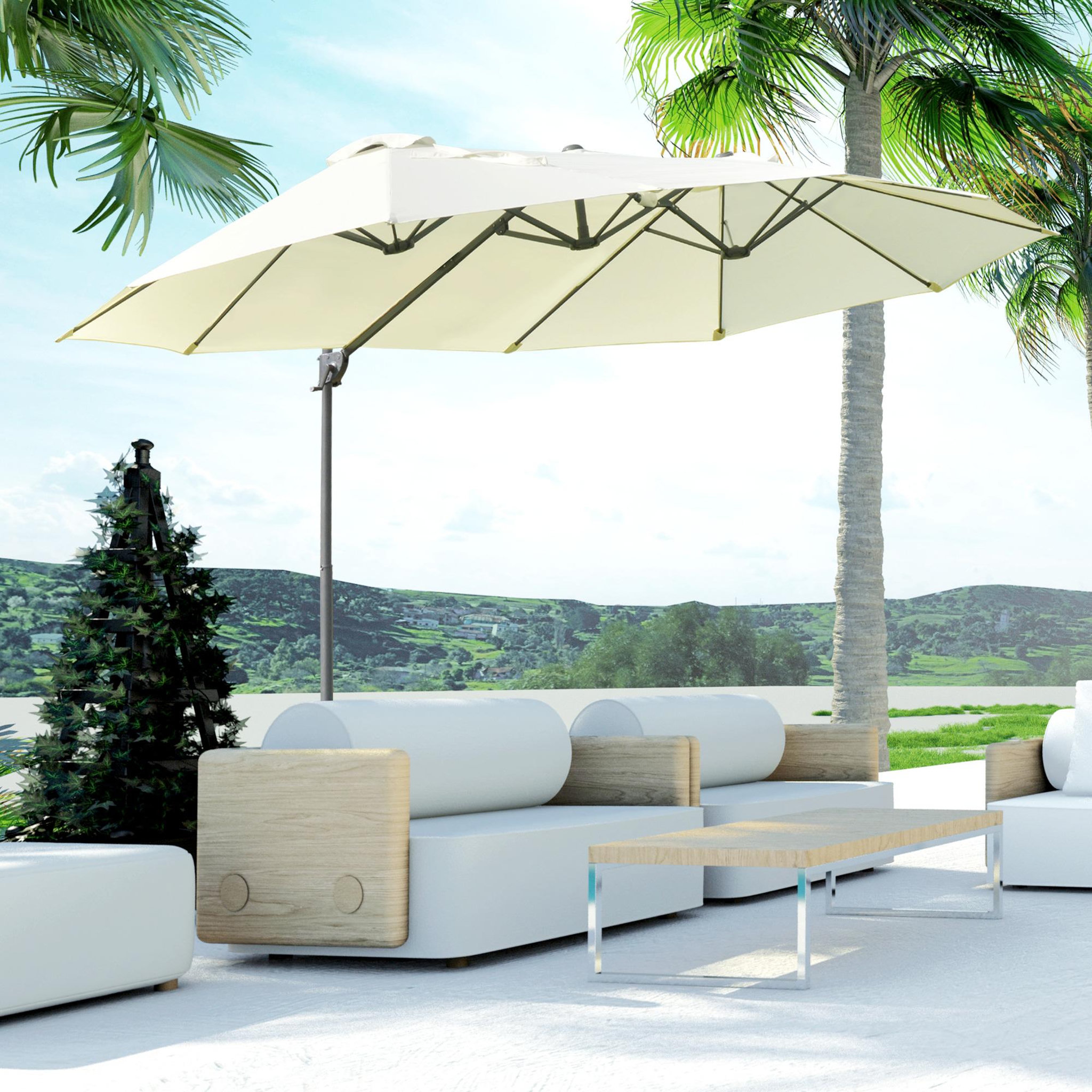 Voir la diapositive 2 : OUTSUNNY Parasol déporté grande taille XXL inclinable dim. 4,4L x 2,7l x 2,5H m piètement en acier inclus polyester crème