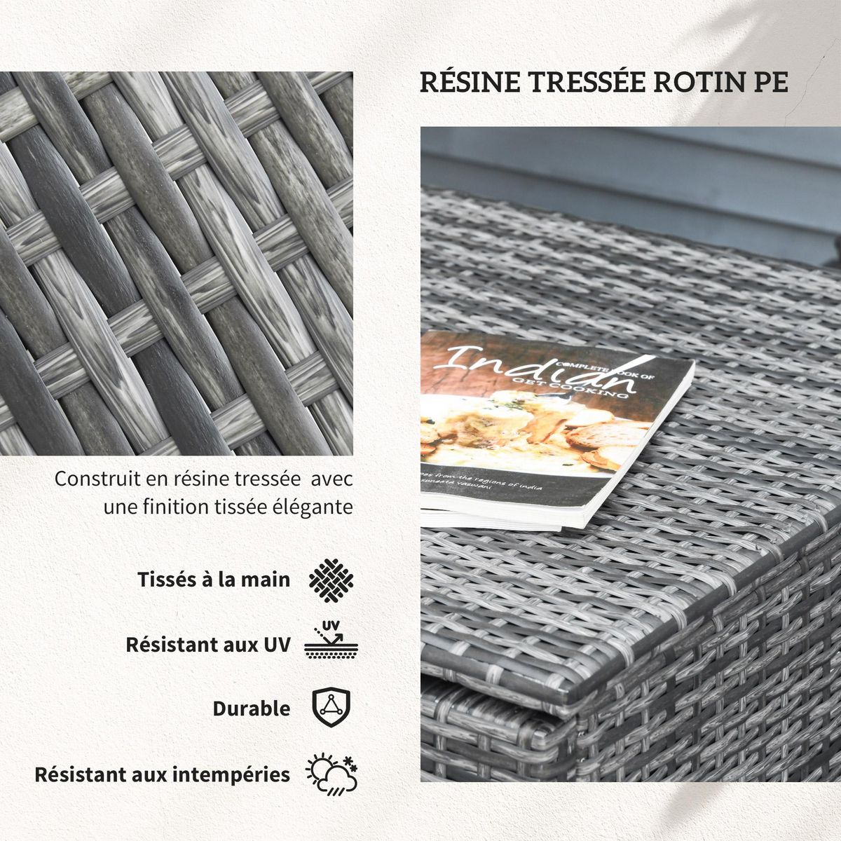 OUTSUNNY Ensemble salon de jardin d'angle 4 places - table basse, coffre - coussins assise déhoussables - métal époxy résine tressée gris