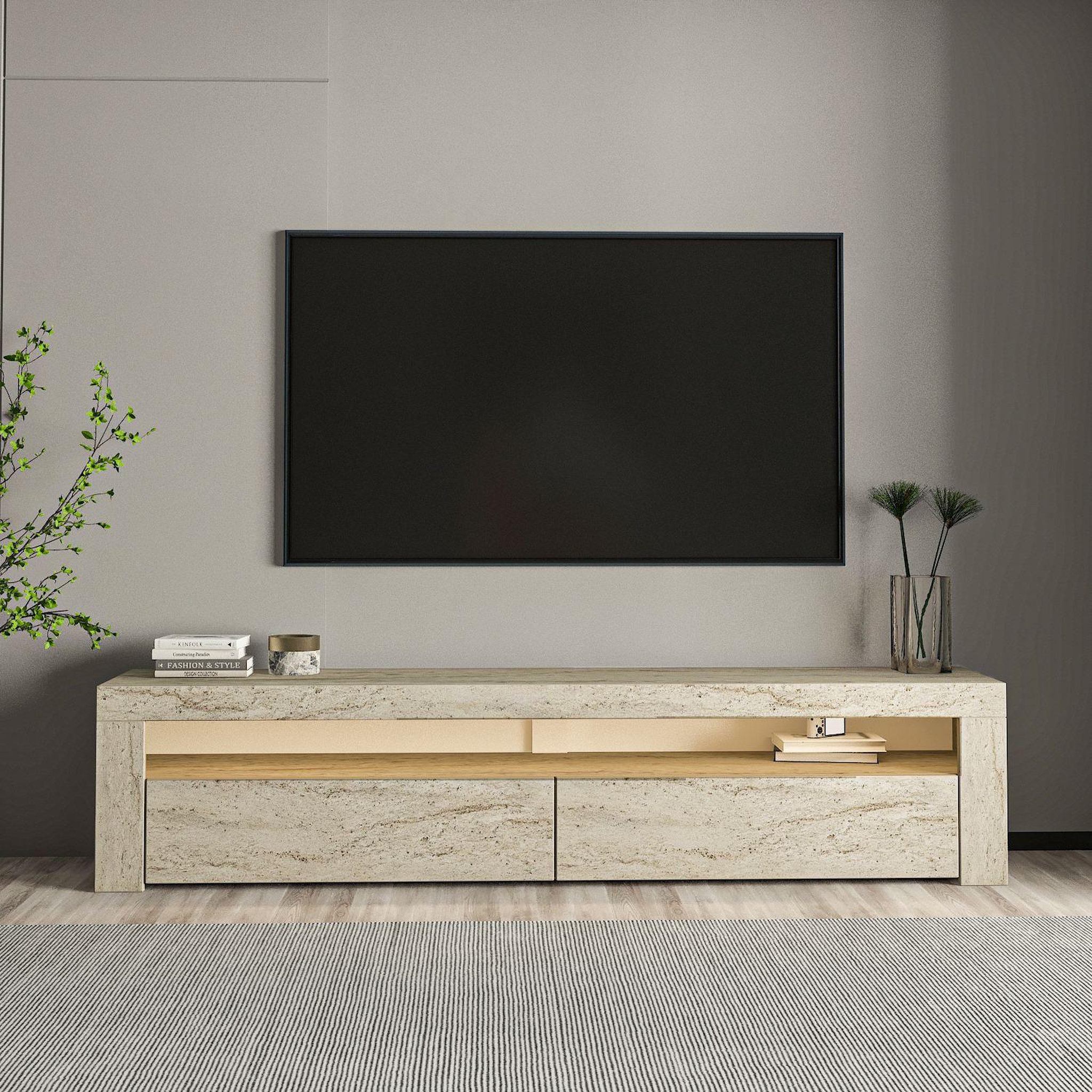 Voir la diapositive 2 : Habitat et Jardin Meuble tv en bois  bati  - 150 x 36 x 46 cm - travertin