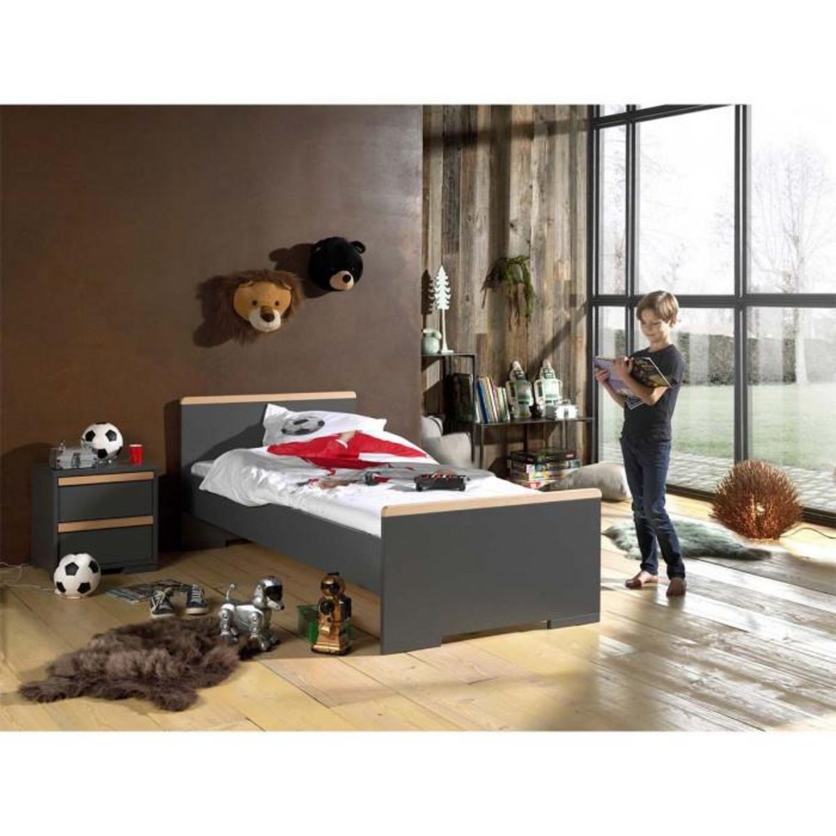 Paris Prix Pack - Lit Enfant & Chevet  London  90x200cm Anthracite