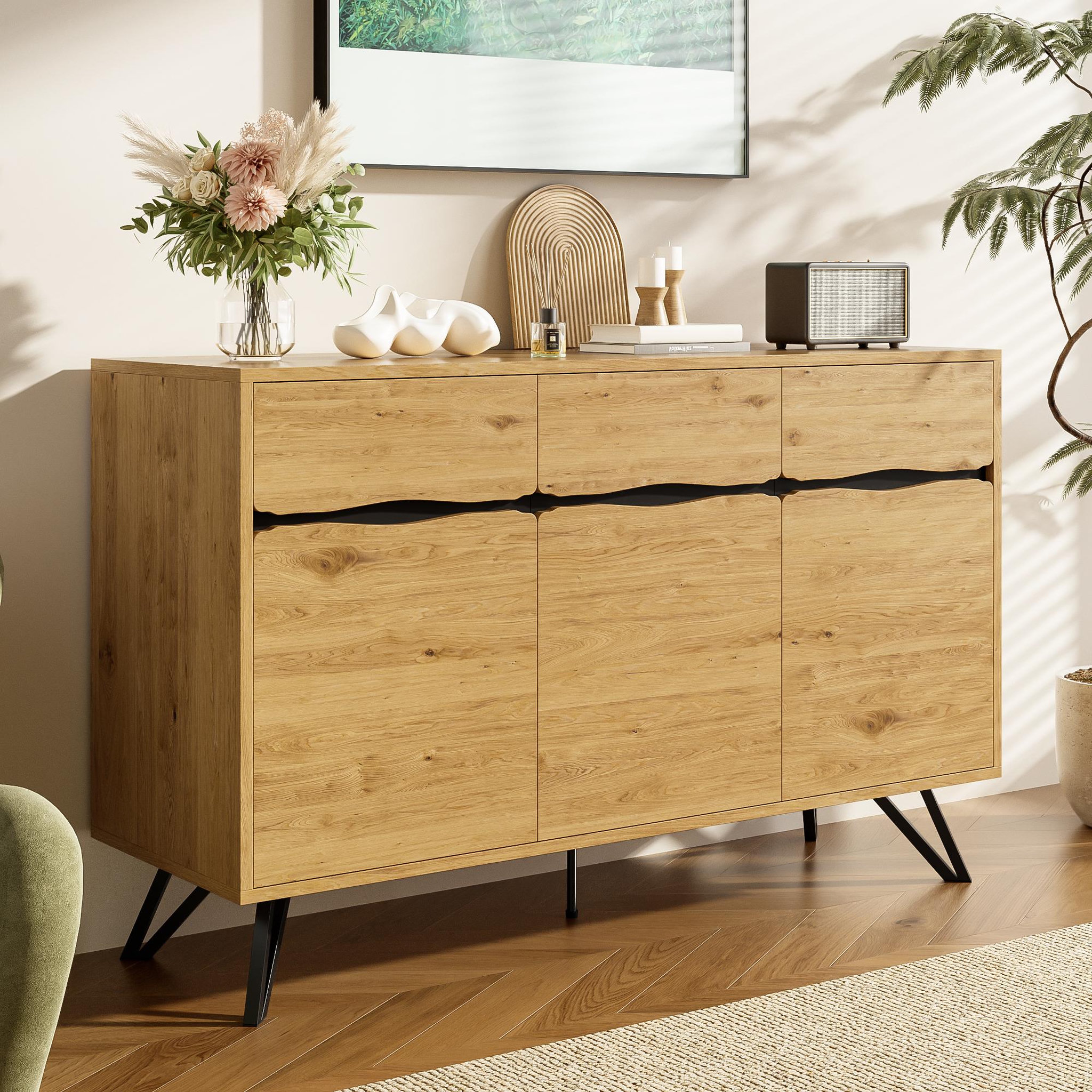Voir la diapositive 4 : MERAX Buffet 3 porte(s) 0 tiroir(s) - 140 cm naturel+noir panneau de particules