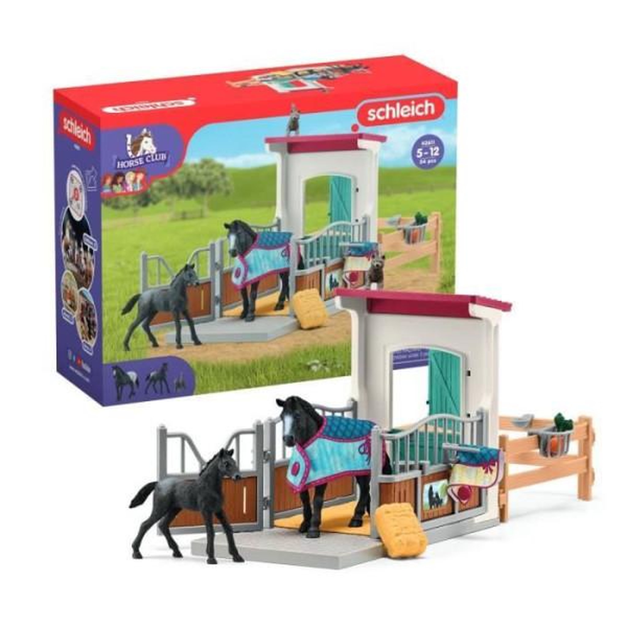 Schleich Box pour cheval avec jument et poulain, coffret schleich avec 34 éléments inclus dont 2 chevaux schleich, coffret figurines po