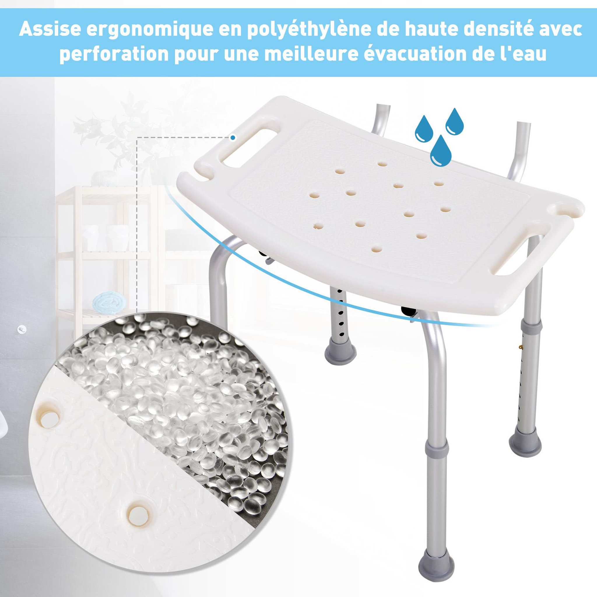 Voir la diapositive 5 : HOMCOM Chaise de douche siège de douche ergonomique hauteur réglable pieds antidérapants charge max. 136 kg alu hdpe blanc