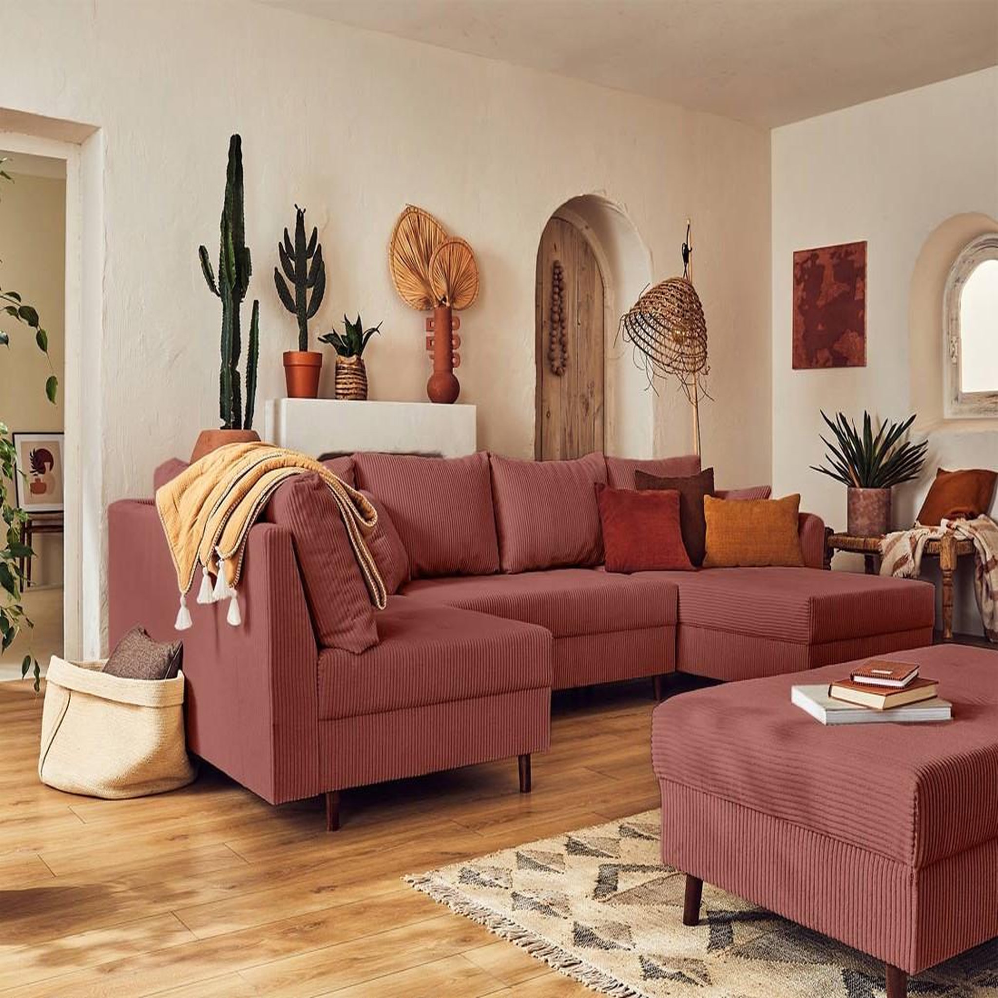 Voir la diapositive 2 : BEST MOBILIER Rune - canapé panoramique d'angle gauche - 7 places - avec pouf d'appoint - en velours côtelé