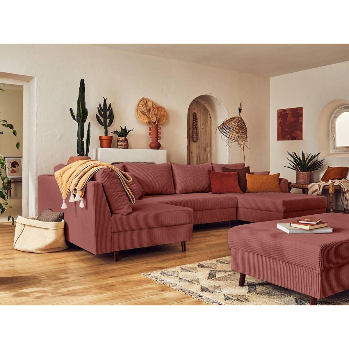 LISA DESIGN Rune - canapé panoramique d'angle gauche - 7 places - avec pouf d'appoint - en velours côtelé