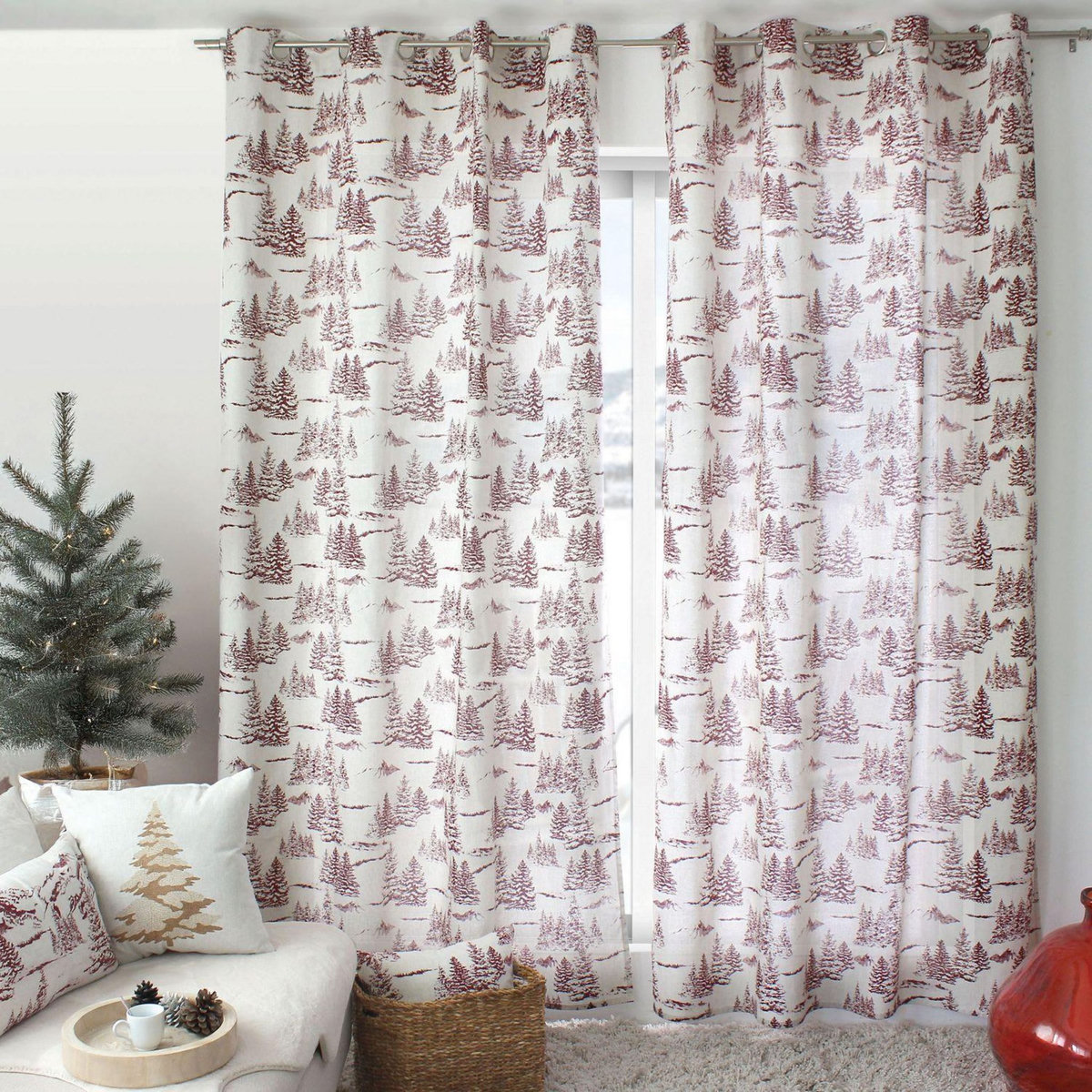 TOILINUX Rideau imprimé sapins EBENE