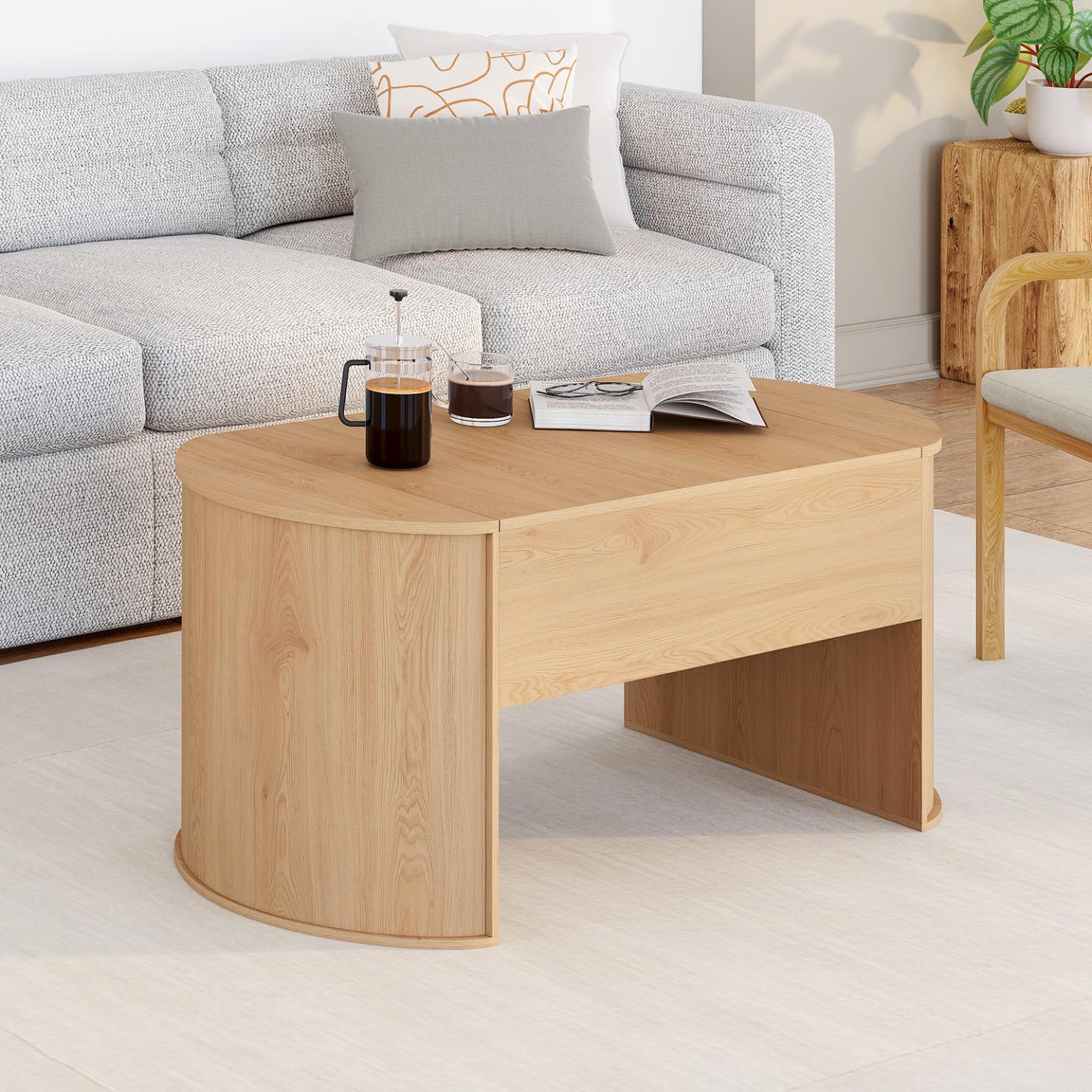 Voir la diapositive 4 : ID MARKET Table basse ovale plateau relevable divia 100 cm bois façon hêtre design arrondi