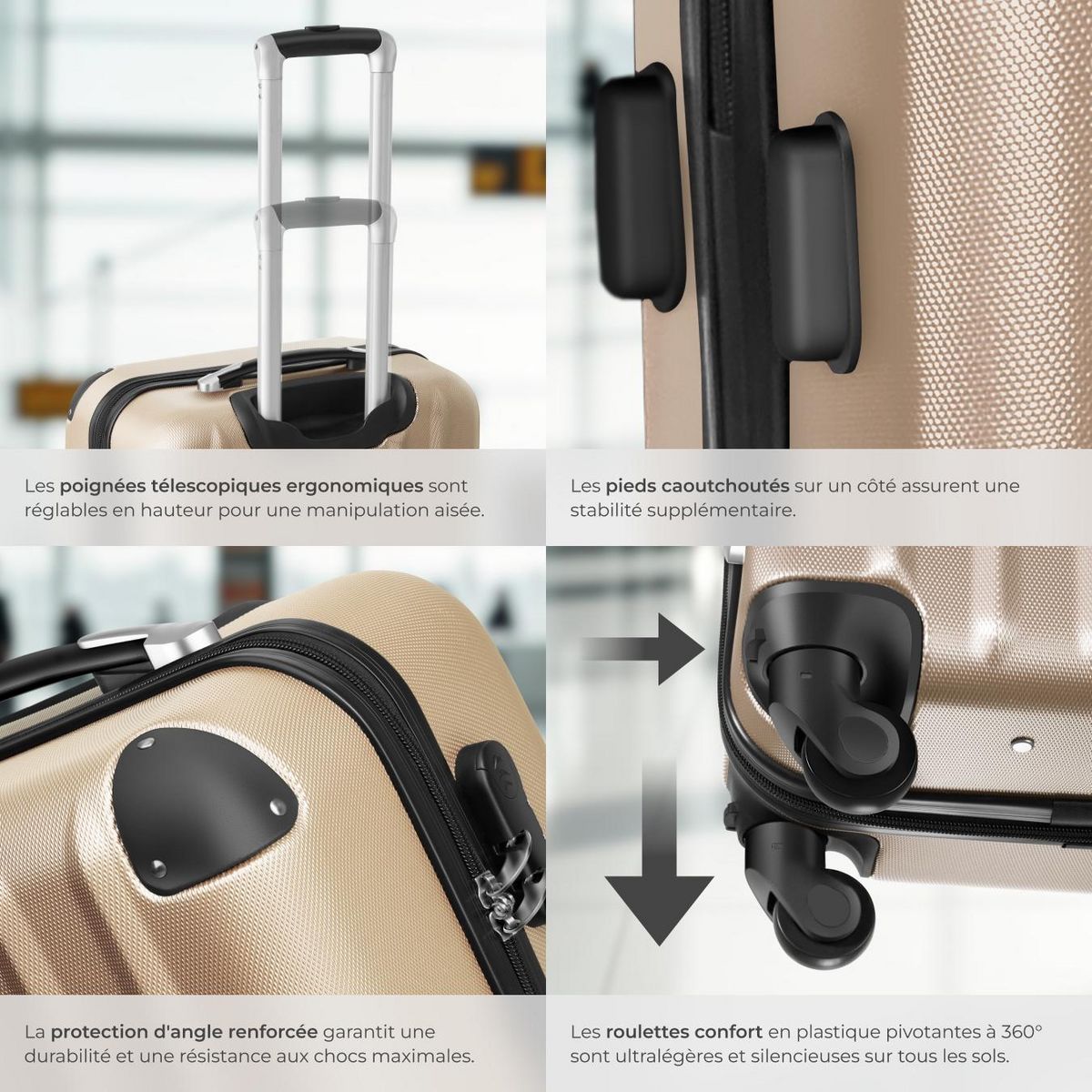 tectake Set de valises trolley rigides 3 parties en plastique ABS robuste champagne