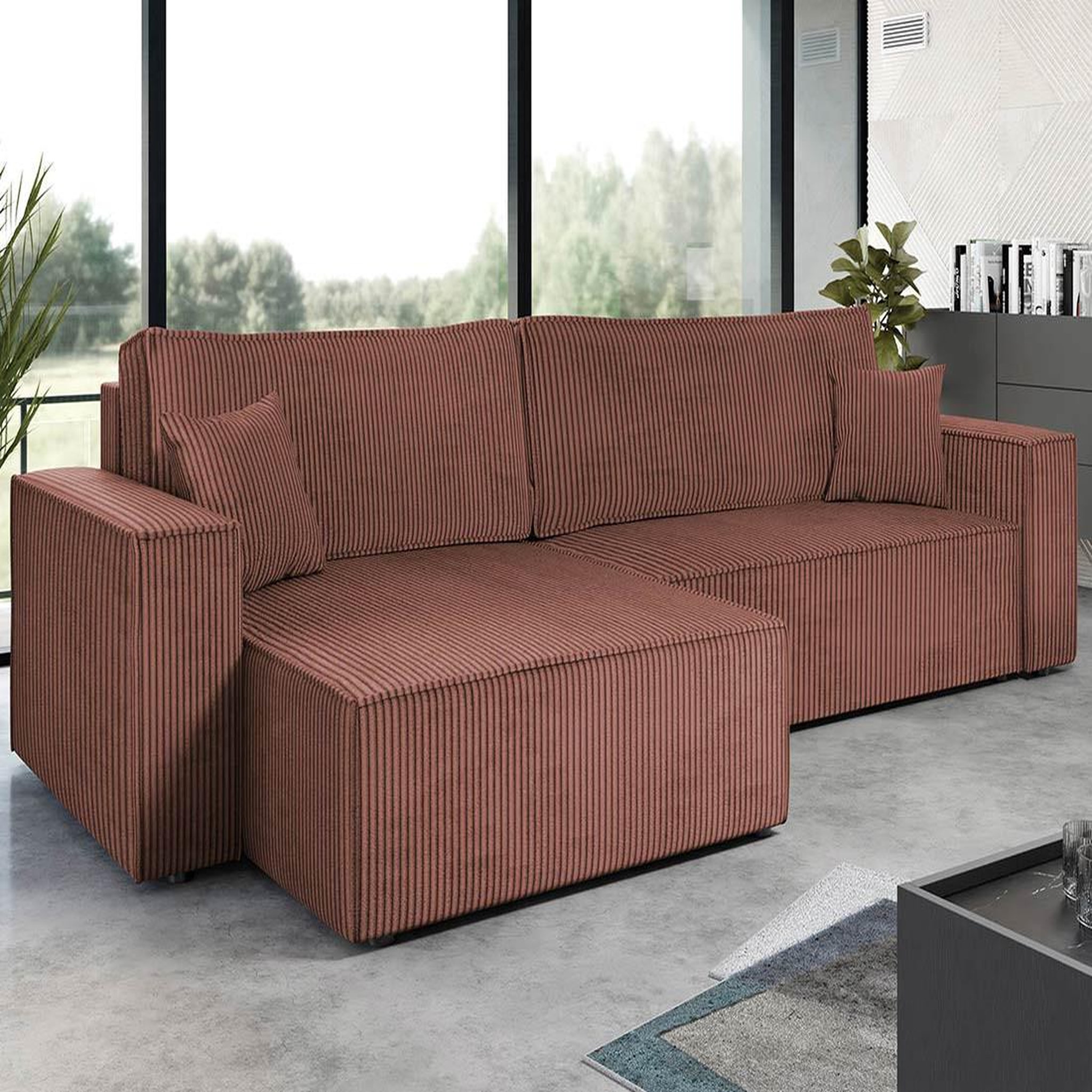 Voir la diapositive 1 : BEST MOBILIER Cezanne - canapé d'angle réversible 5 places convertible avec coffre en velours côtelé