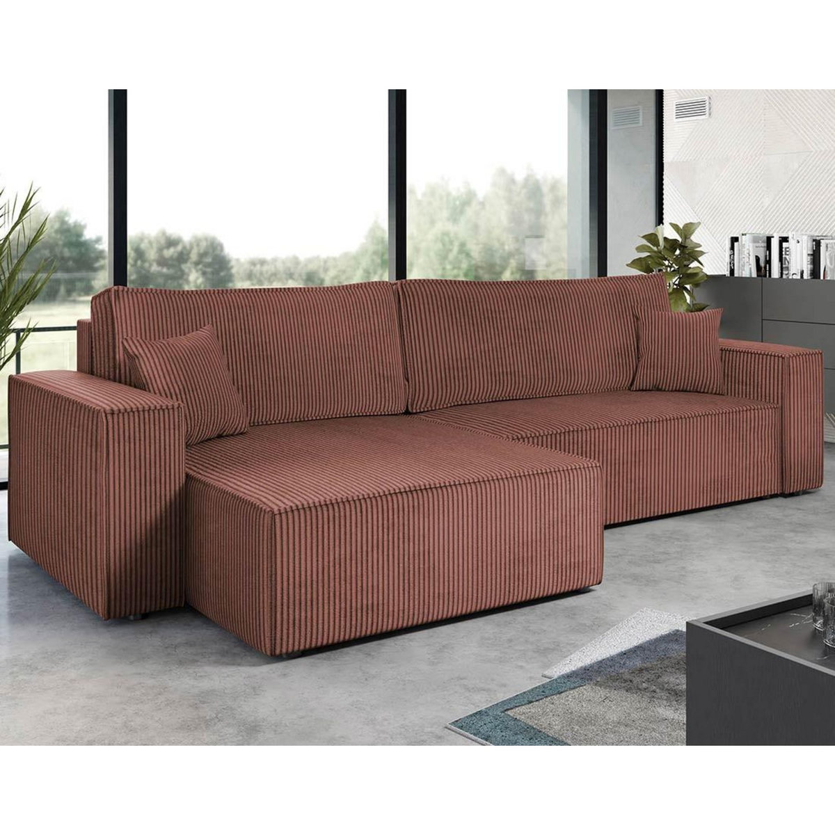 BEST MOBILIER Cezanne - canapé d'angle réversible 5 places convertible avec coffre en velours côtelé