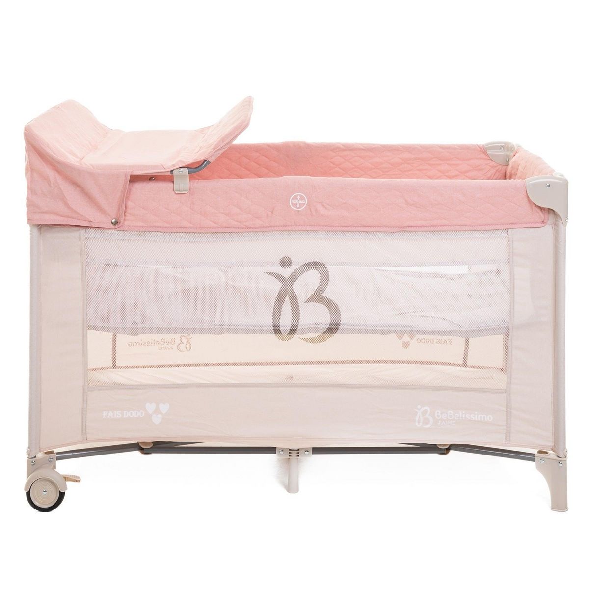 BEBELISSIMO BEBELISSIMO - Lit parapluie bébé - lit pliant - dès la naissance - Fais dodo - 2 niveaux - table à langer - rose