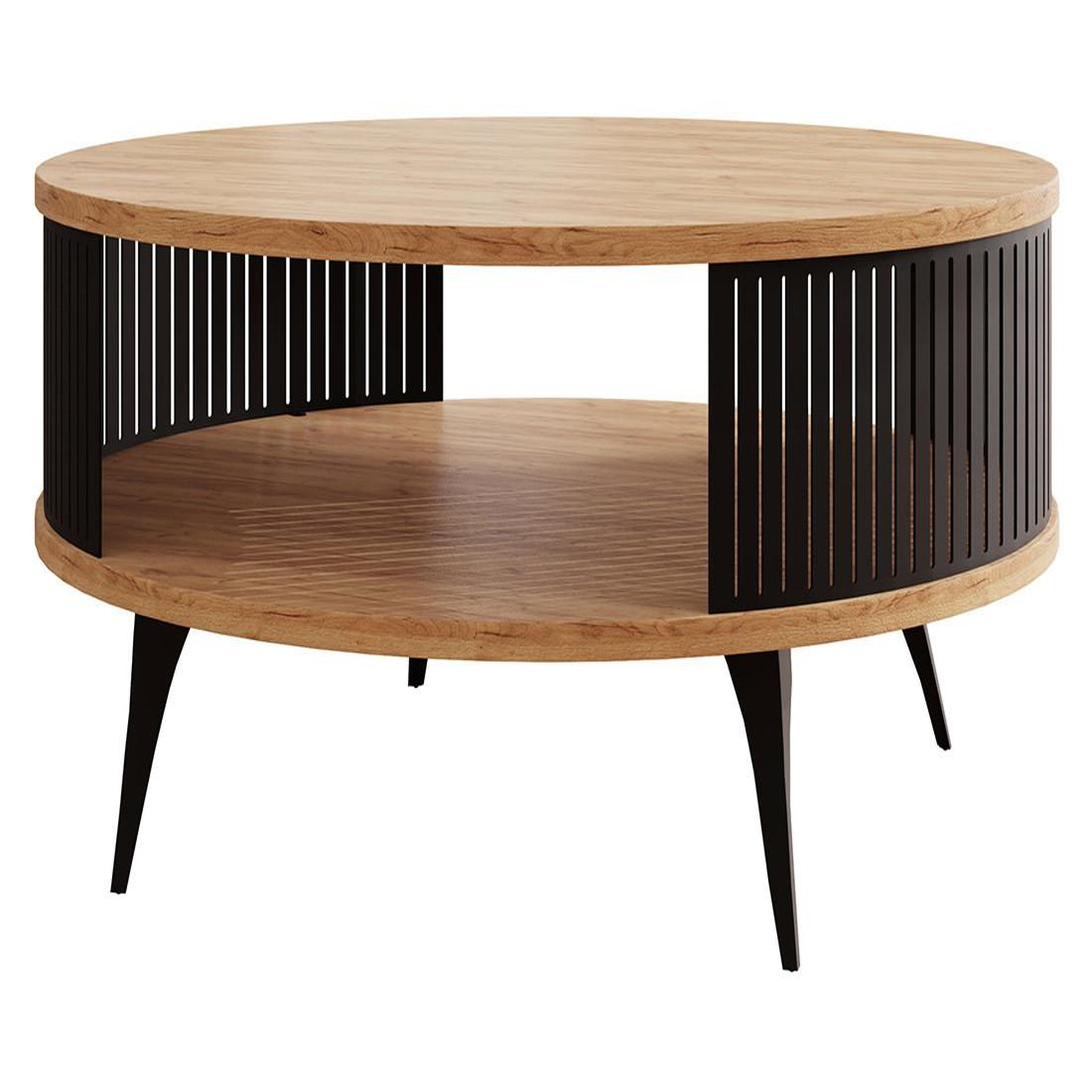 Voir la diapositive 1 : BEST MOBILIER Forini - table basse ronde - aspect chêne naturel et noir - 1 niche - 75 cm