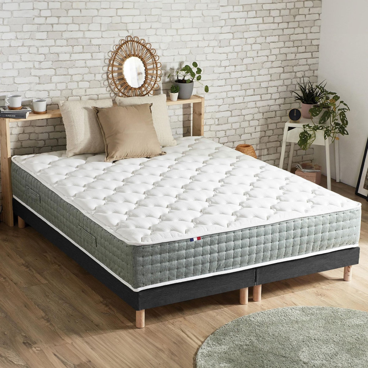 IDLITERIE Ensemble matelas Ressort 7 zones HYGGE + Sommier + couette + oreillers Fabriqué en France