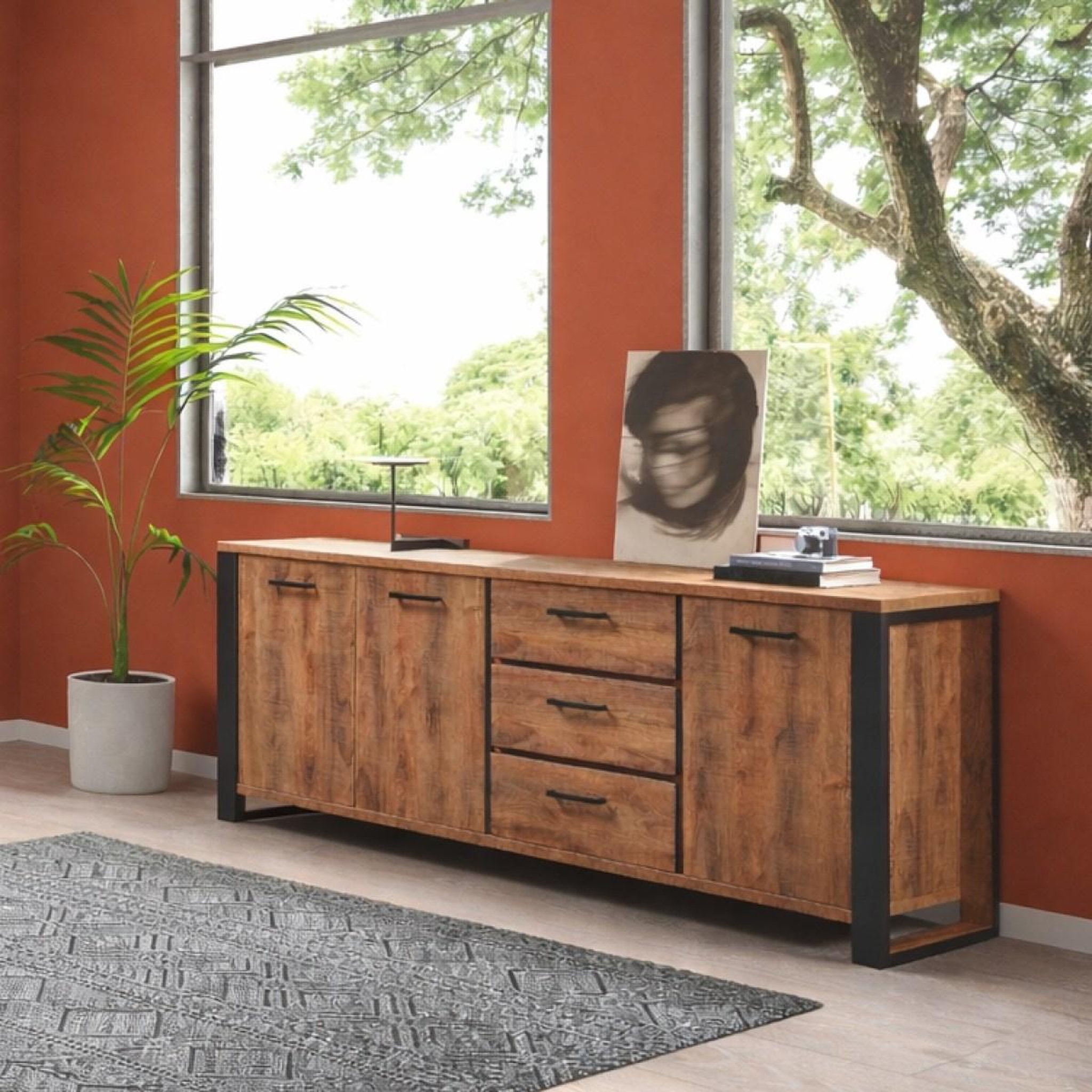 Voir la diapositive 2 : JLC KREATION Buffet bas industriel en bois 3 portes et 3 tiroirs MONA