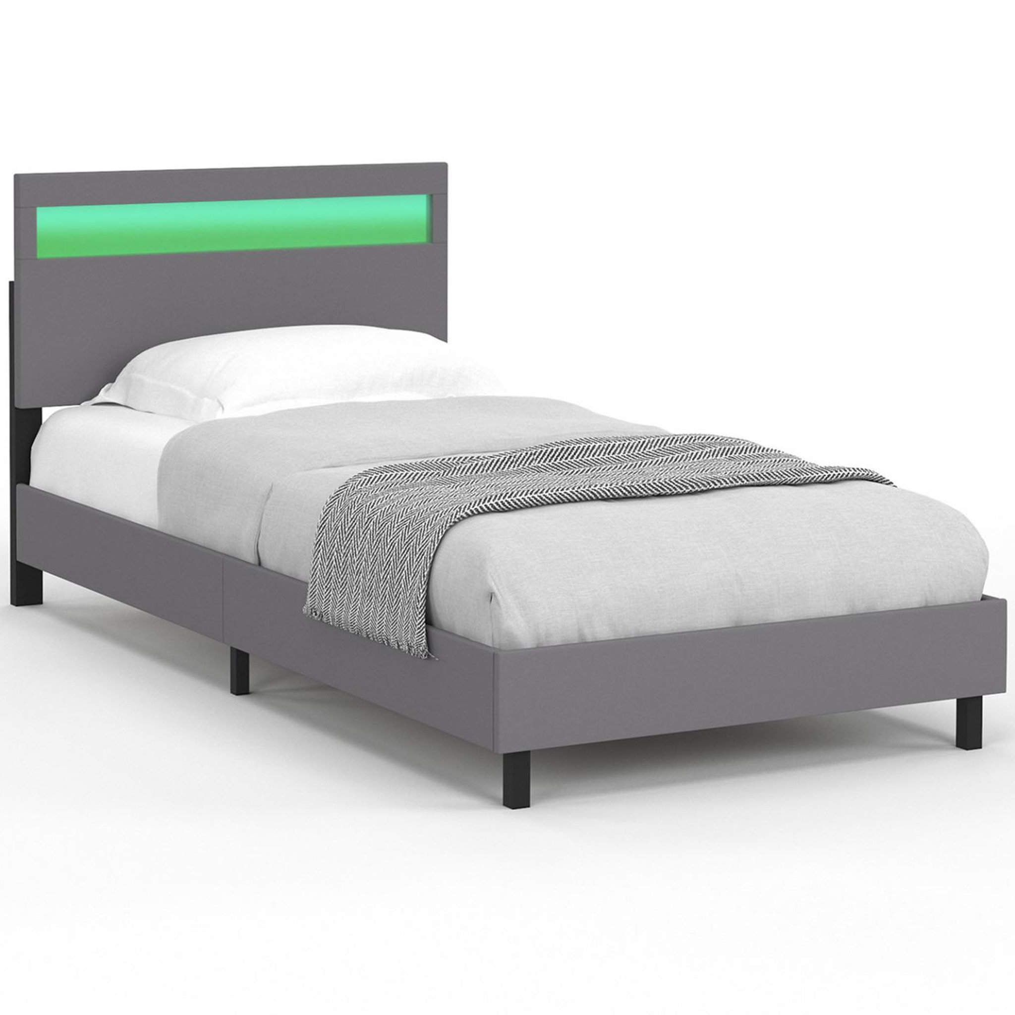 ID MARKET Lit simple neo avec tête de lit led intégrées et sommier 90 x 190 cm pvc gris