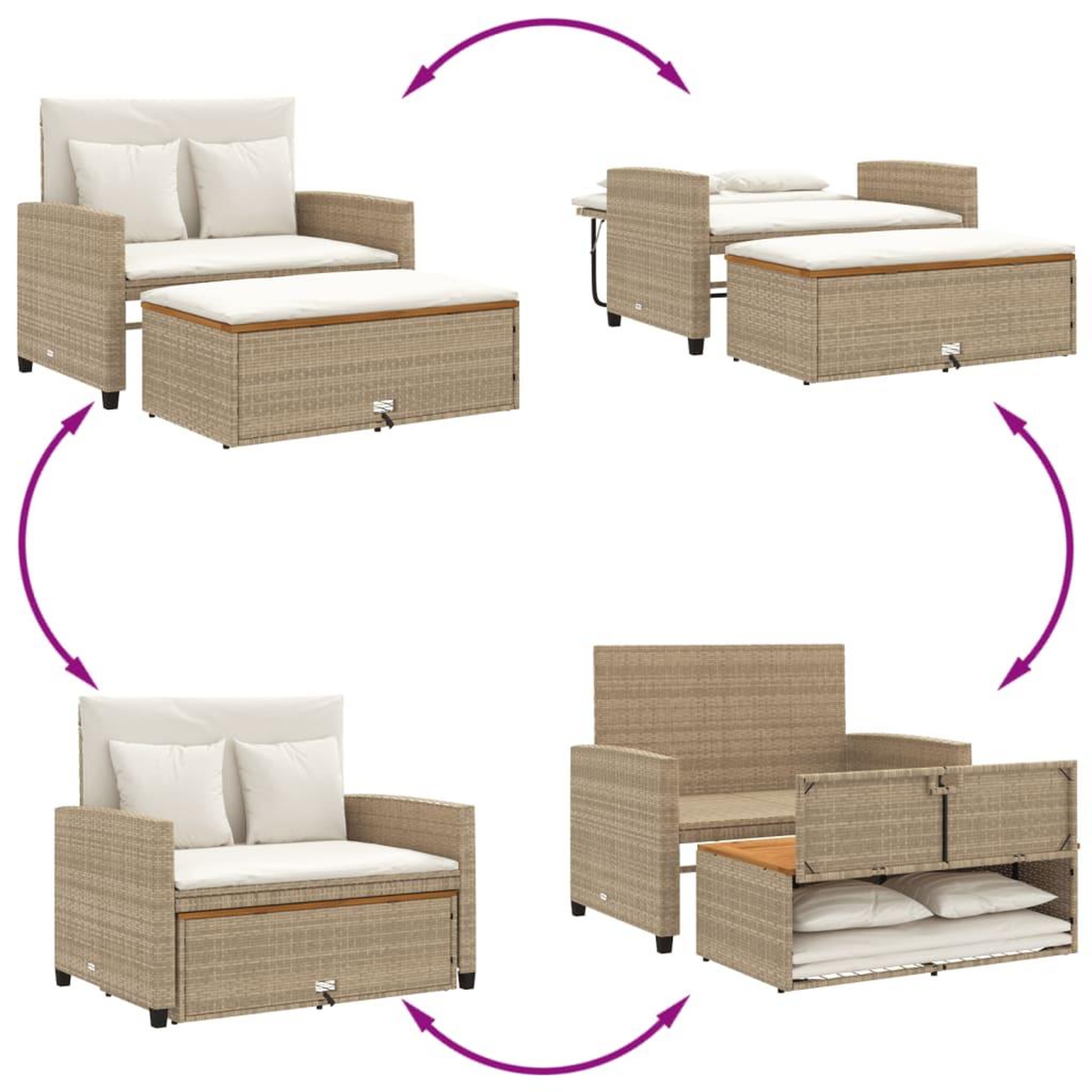 Voir la diapositive 5 : VIDAXL Canape de jardin 2 places coussins beige resine tressee&acacia