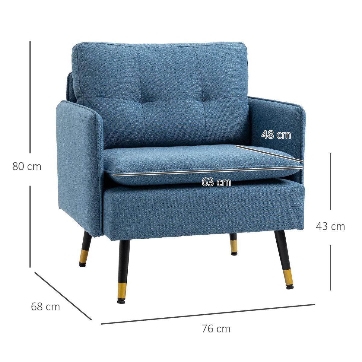 HOMCOM Fauteuil style art-déco dossier effet capitonné piètement incliné effilé métal noir extrémités dorées tissu bleu