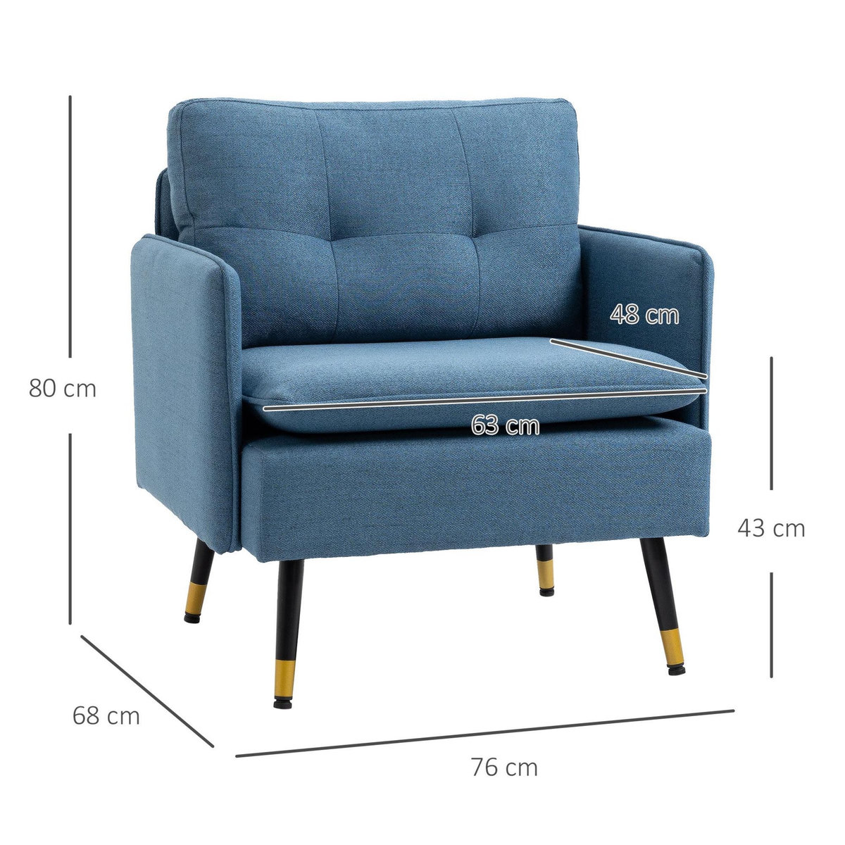 HOMCOM Fauteuil style art-déco dossier effet capitonné piètement incliné effilé métal noir extrémités dorées tissu bleu