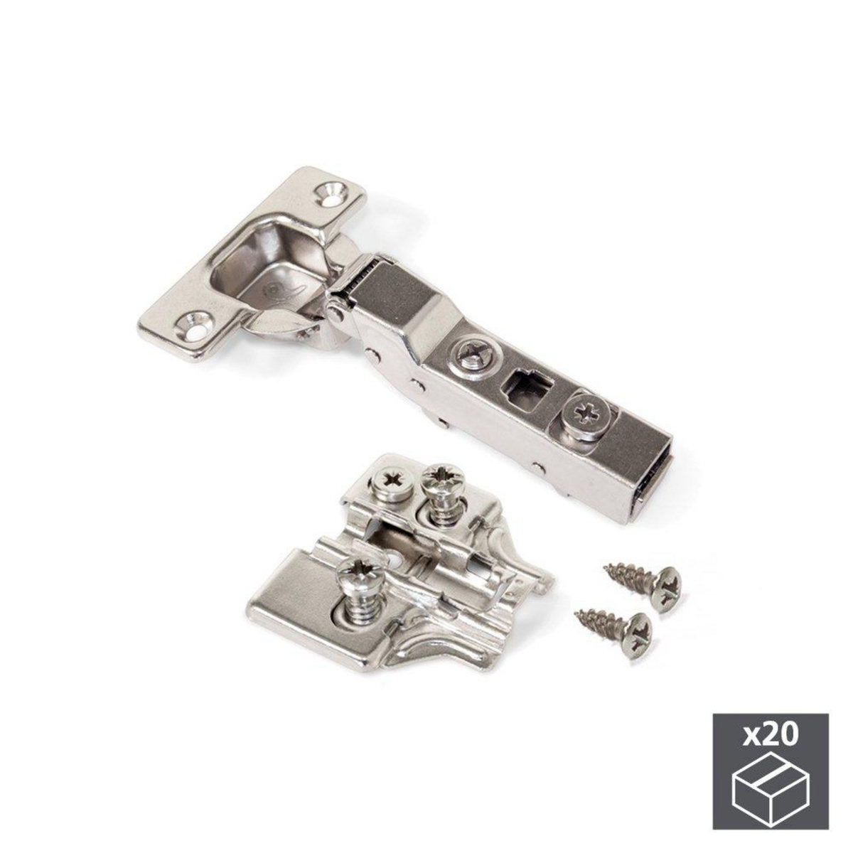 EMUCA SRL Lot de 20 charnières coudées pour montage en applique X91 avec fermeture amortie et embases Eurovis avec réglage excentrique