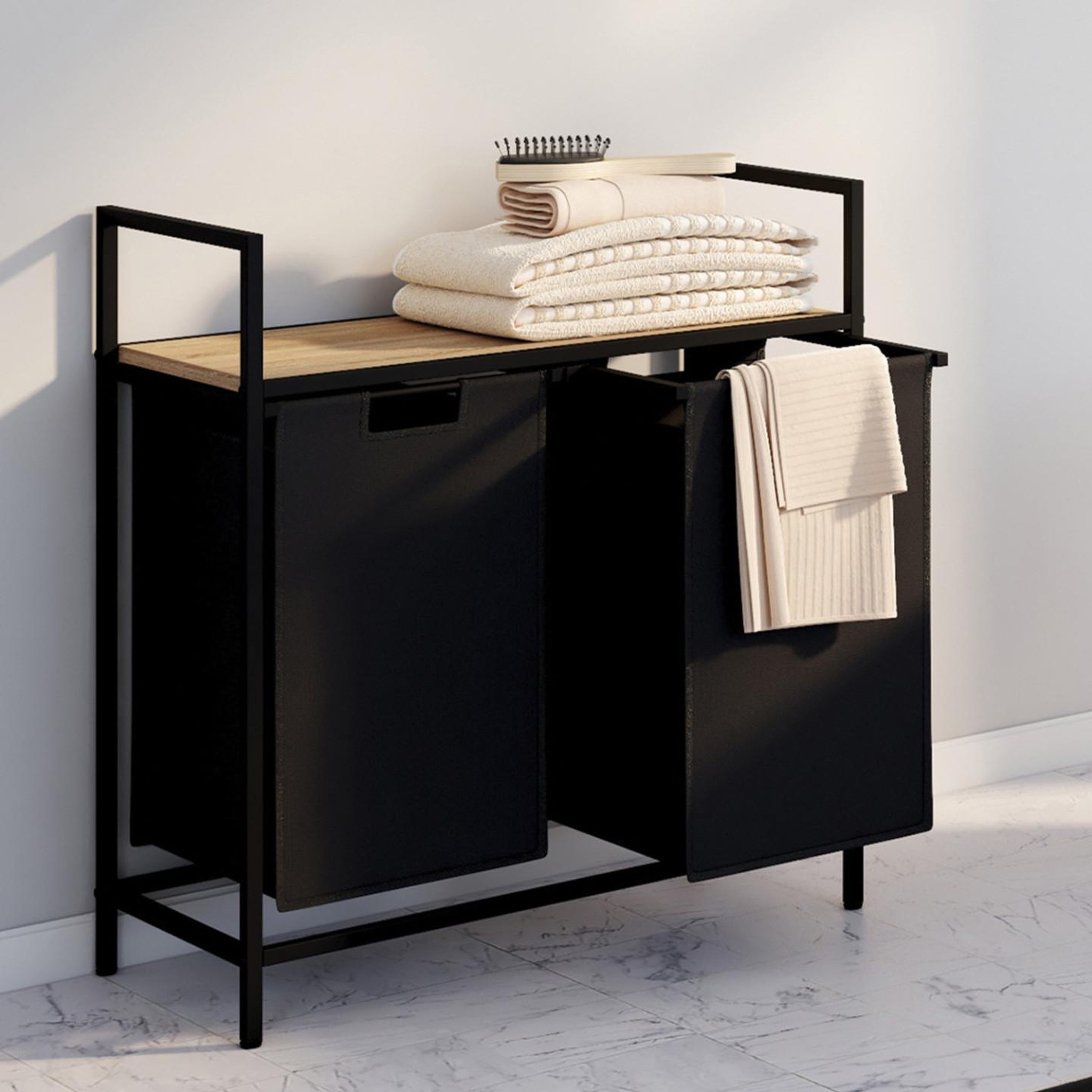 Voir la diapositive 2 : ID MARKET Panier à linge 2 bacs DETROIT tissu noir design industriel