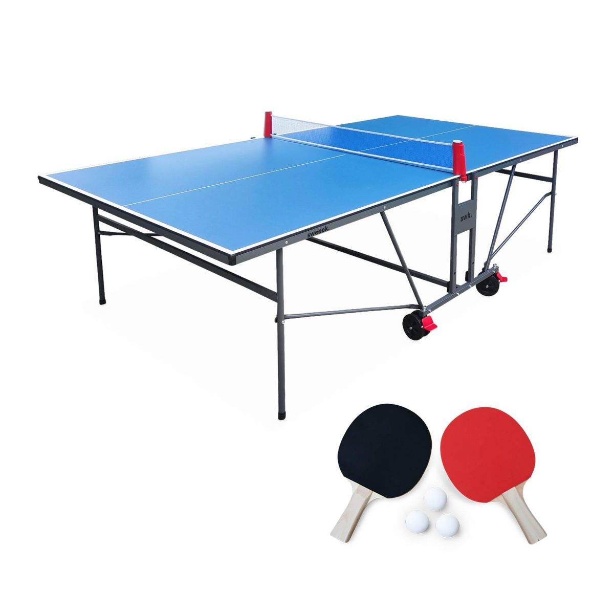 SWEEEK Table de ping pong INDOOR bleue - table pliable avec 2 raquettes et 3 balles. pour utilisation intérieure. sport tennis de table
