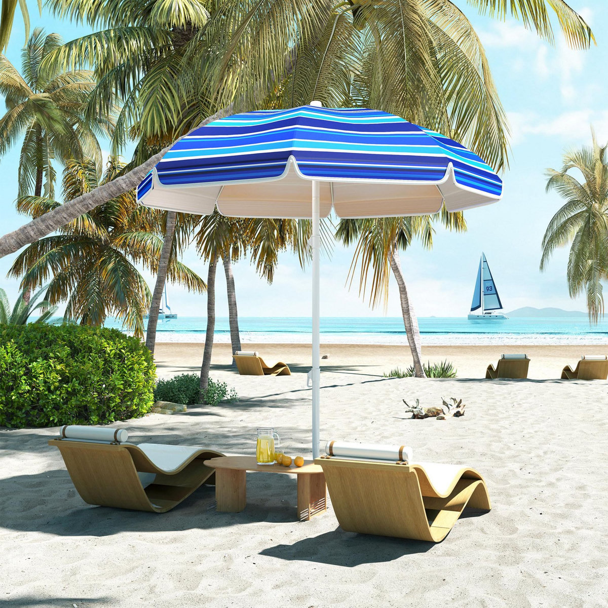 OUTSUNNY Parasol de plage inclinable rond dia. 1,8 m UPF50+ sac de transport inclus bleu blanc rayé
