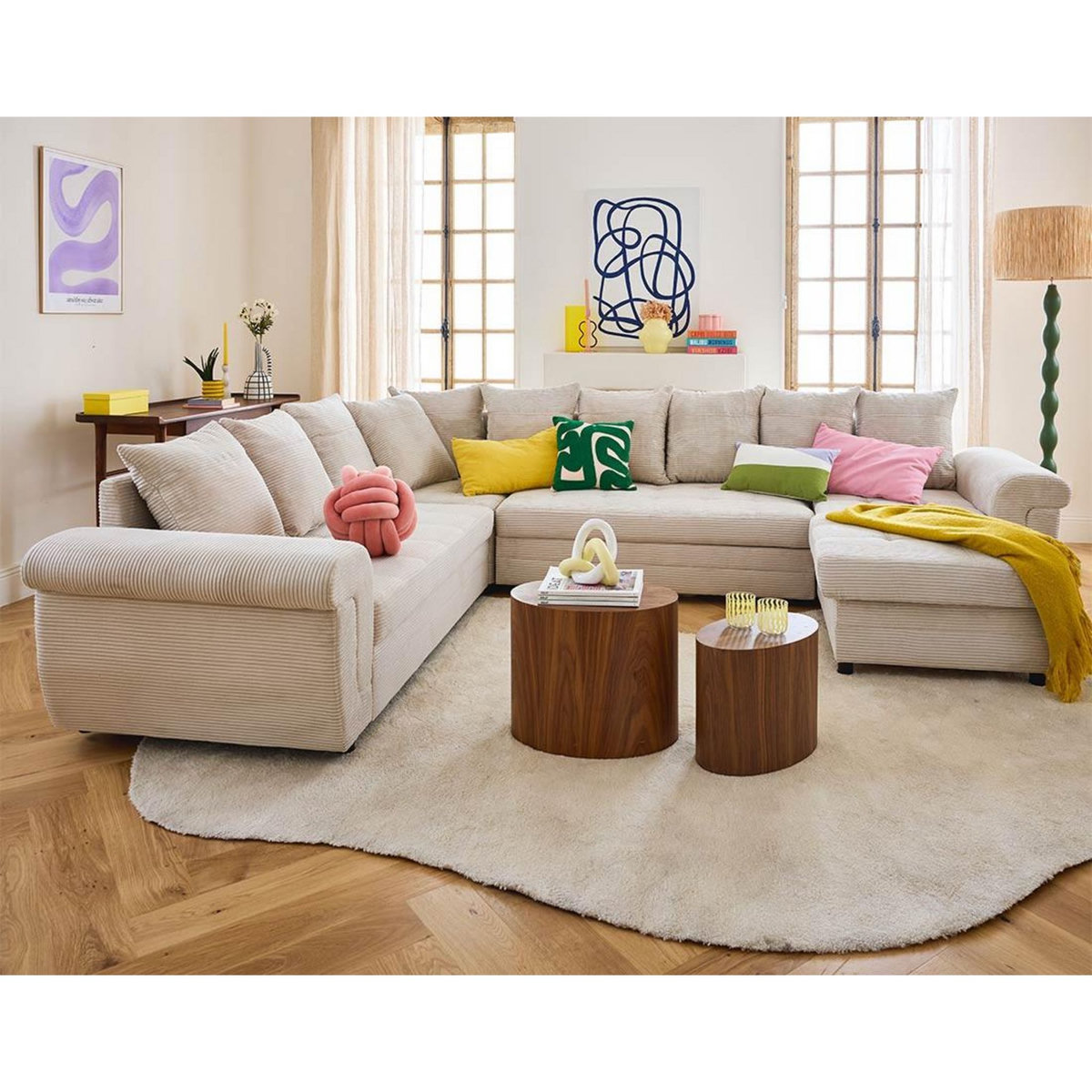 BEST MOBILIER Henry - canapé panoramique convertible - avec coffre - en velours côtelé - 7 places