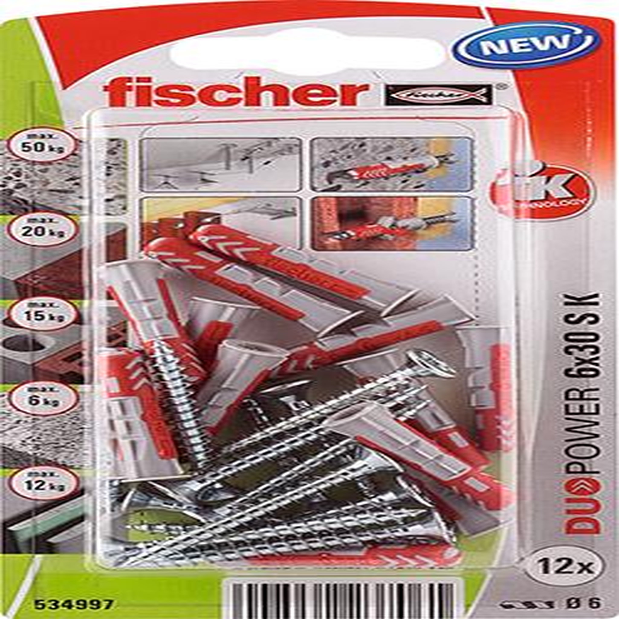 Fischer Lot de 12 chevilles et vis FISCHER, Diam.6 x L.30 mm