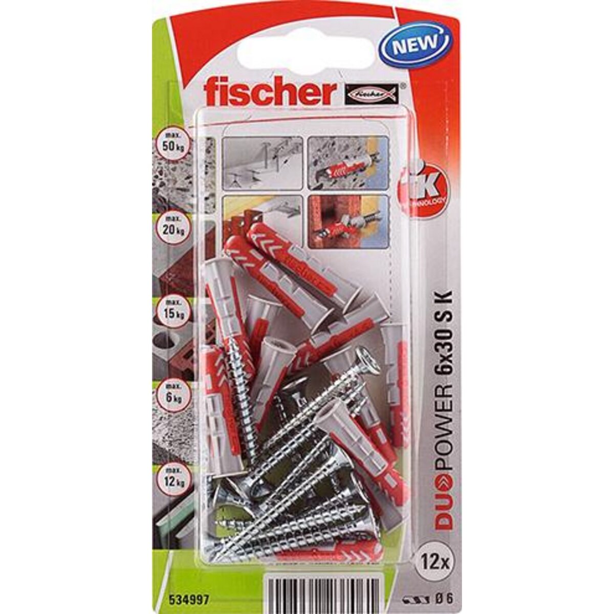 Fischer Lot de 12 chevilles et vis FISCHER, Diam.6 x L.30 mm