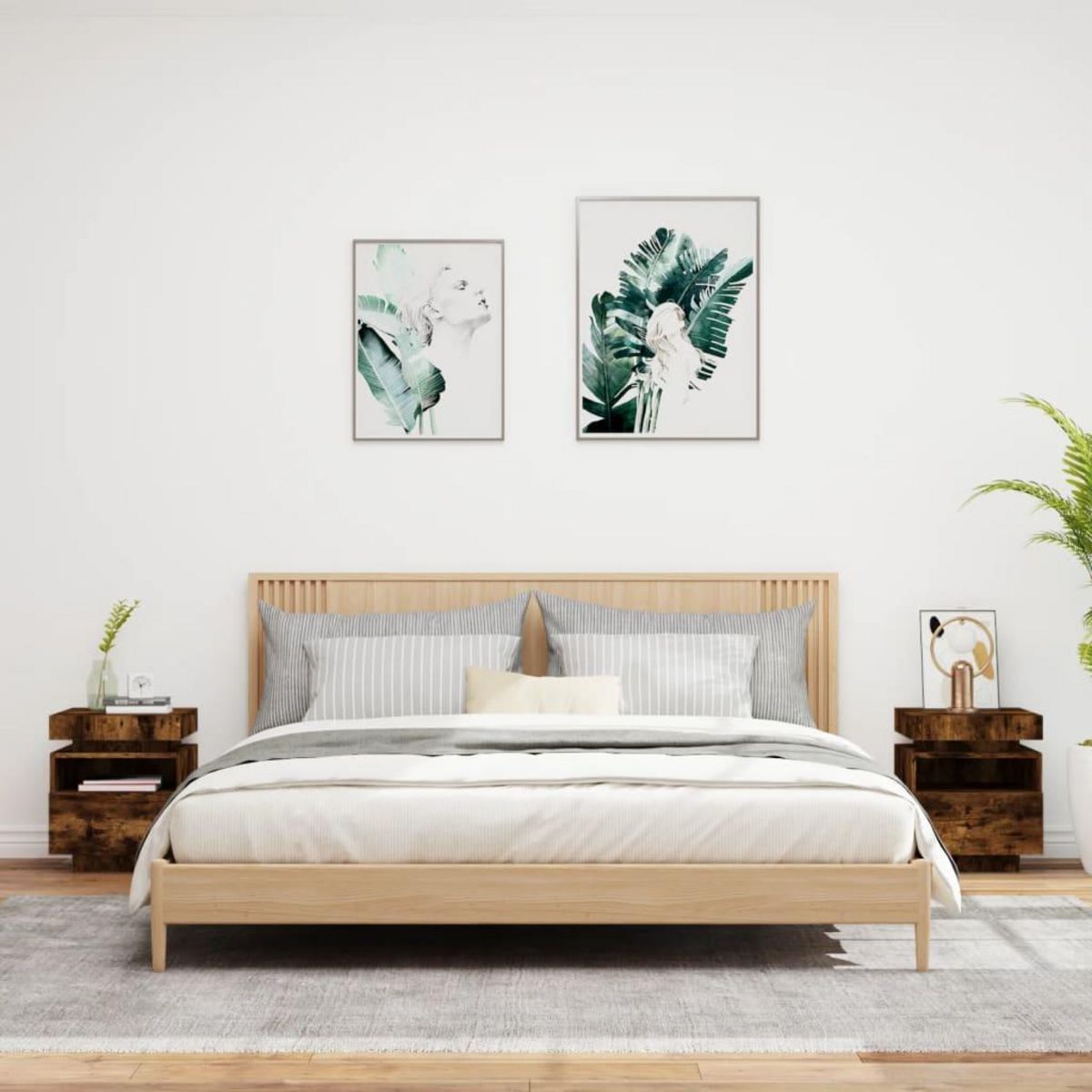 VIDAXL Armoires de chevet avec lumieres LED 2 pcs chene fume